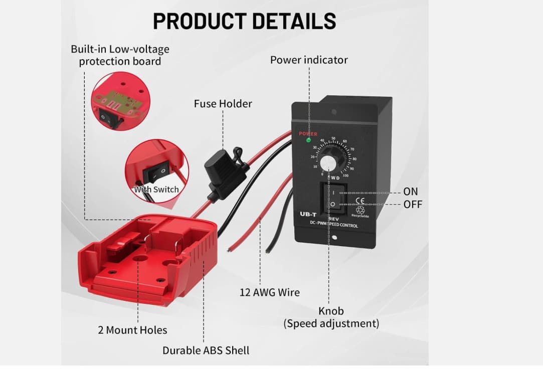 DC 12-60V 20A Motor Speed Controller PWM Adapter for Milwaukee 18V Battery, DIY 2