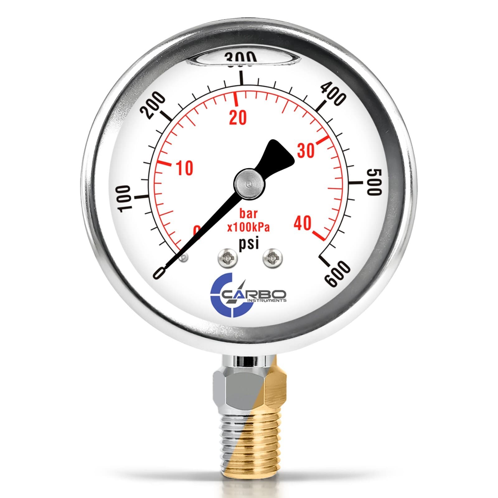 2.5" LIQUID FILLED PRESSURE GAUGE 600 PSI, STAINLESS STEEL CASE LOWER MOUNT