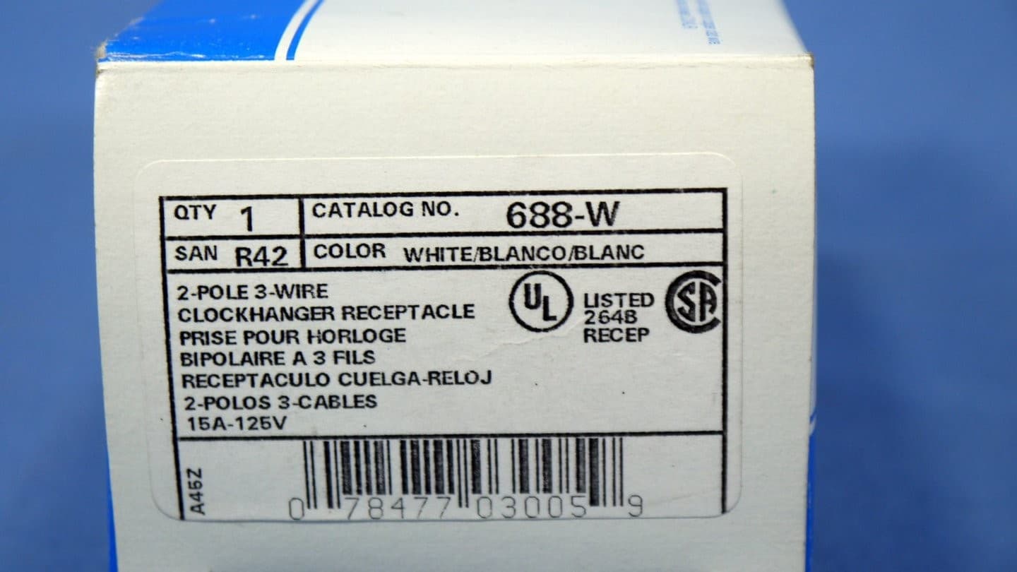 Leviton White Clock Hanger 1" Recessed Depth Outlet Receptacle 15A 5-15R 688-W 5