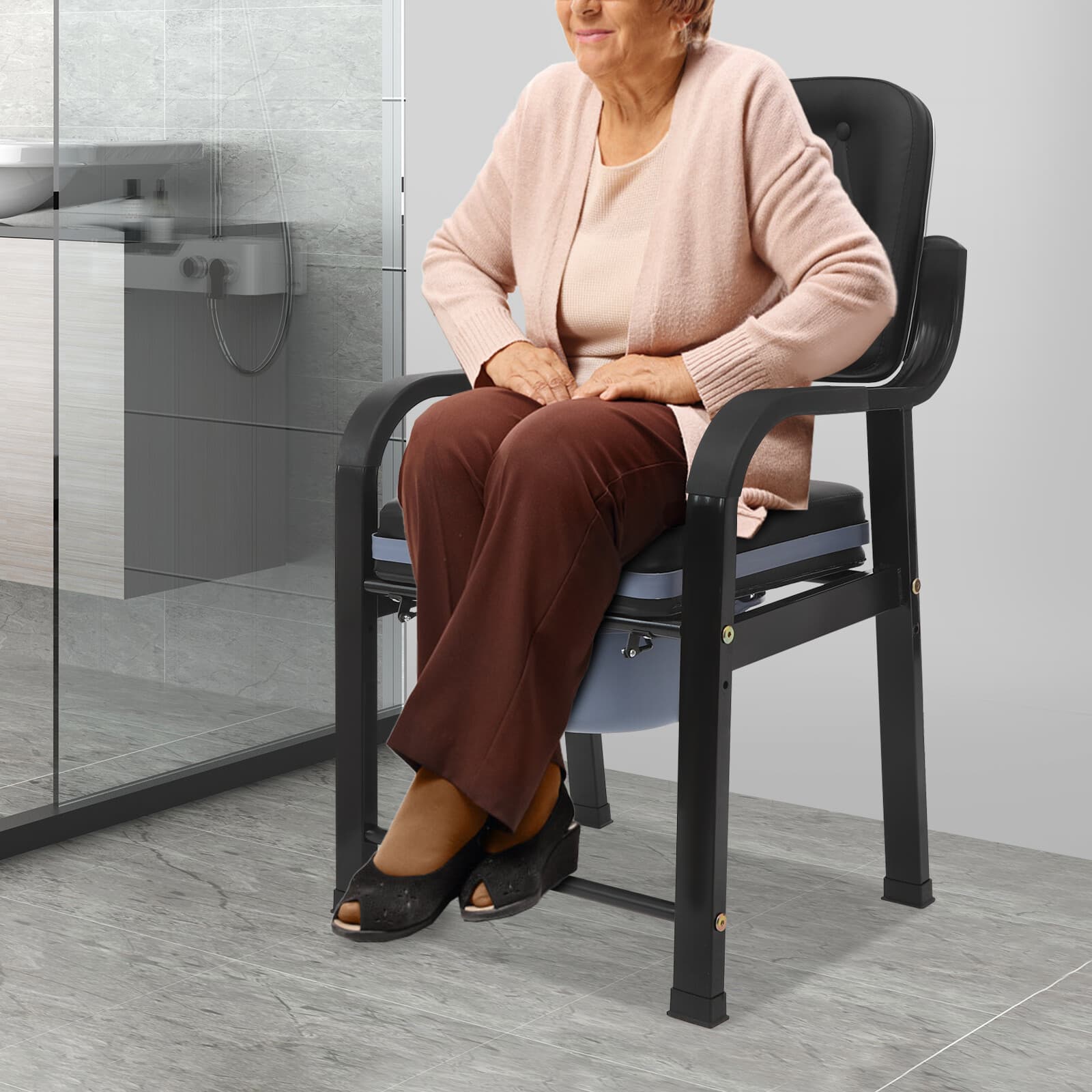 Bedside Toilet Chair w/28cm Bucket - 550lbs Capacity Floorstanding for Elderly 3