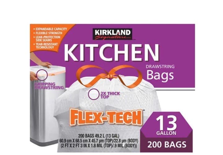 New Kirkland Flex-Tech 13-Gallon Kitchen Home Trash Bags - 200-count USA Strong