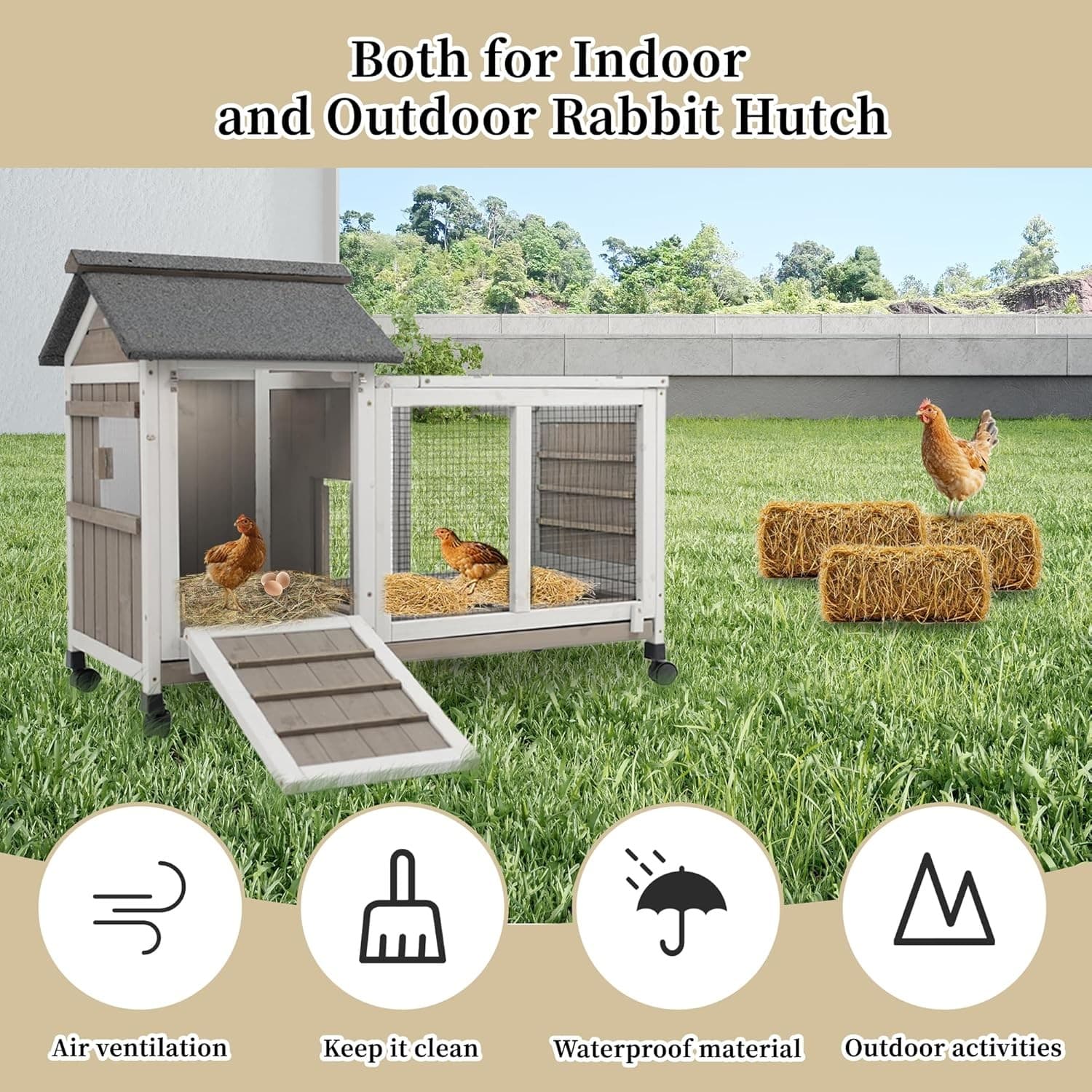 Petscosset 2 Story Outdoor Rabbit Hutch Wooden Bunny Cage Indoor House,Grey 4