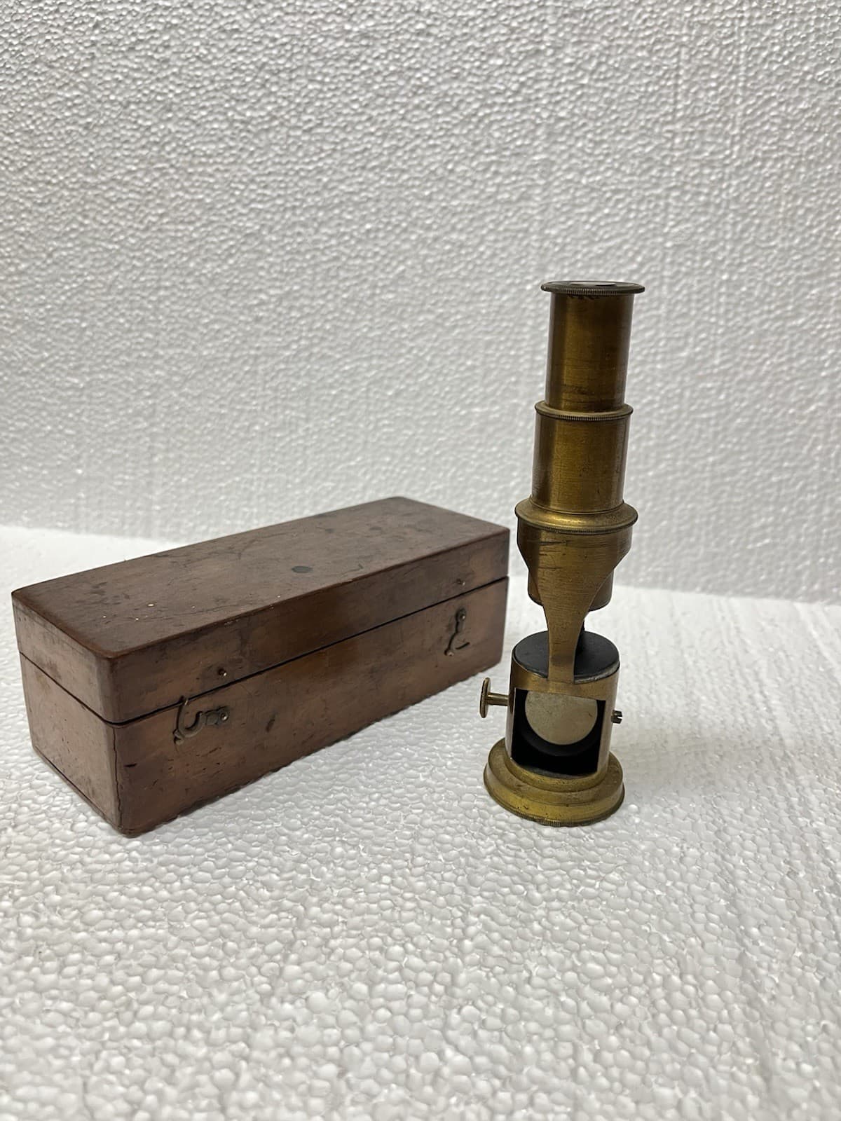 Vtg 1930s English Brass Scientists Field Microscope/ With Solid Boxwood Case