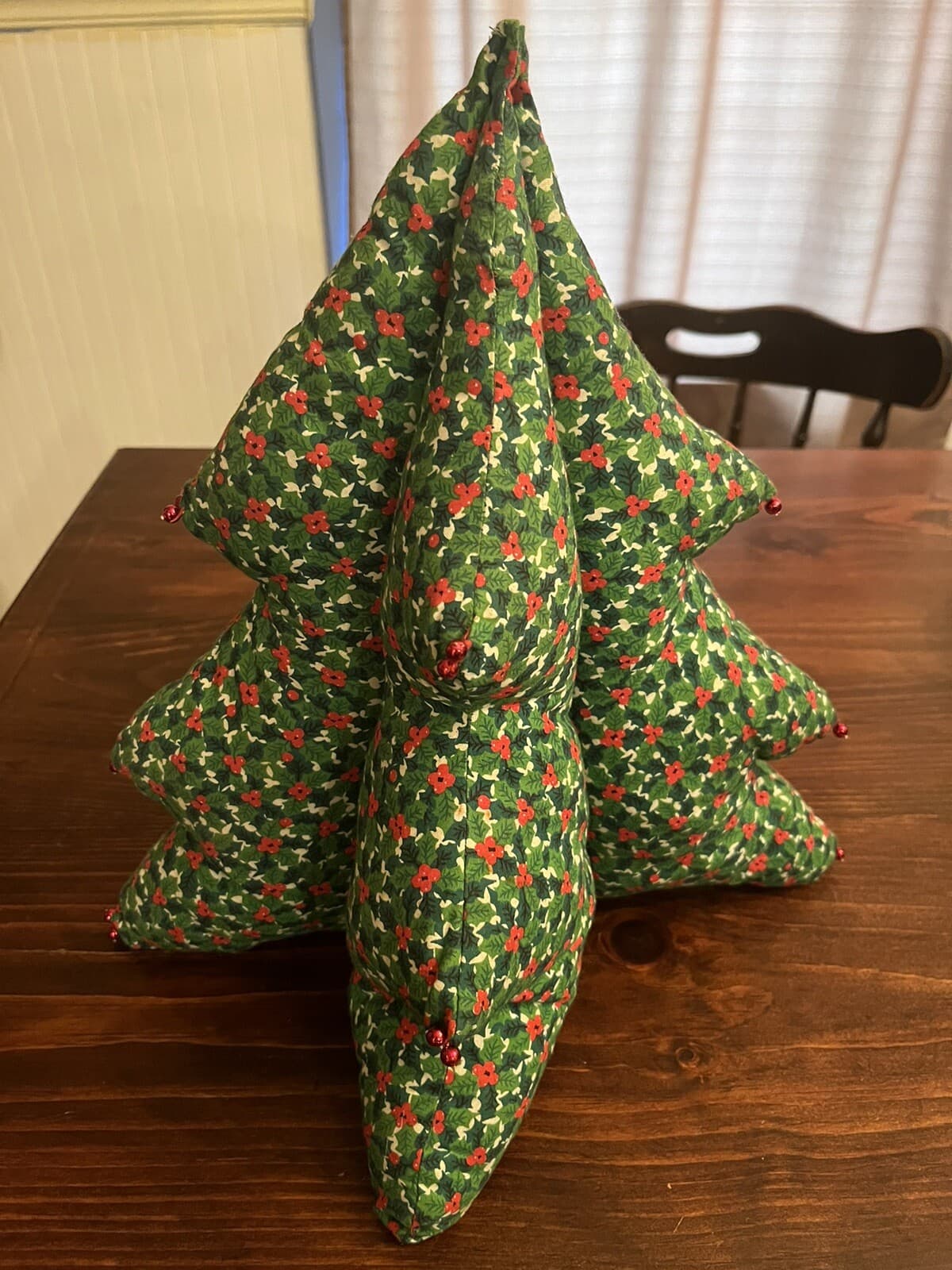 Vintage 3D Stuffed Fabric Christmas Tree Homemade Plush 13” Holly Berries Retro
