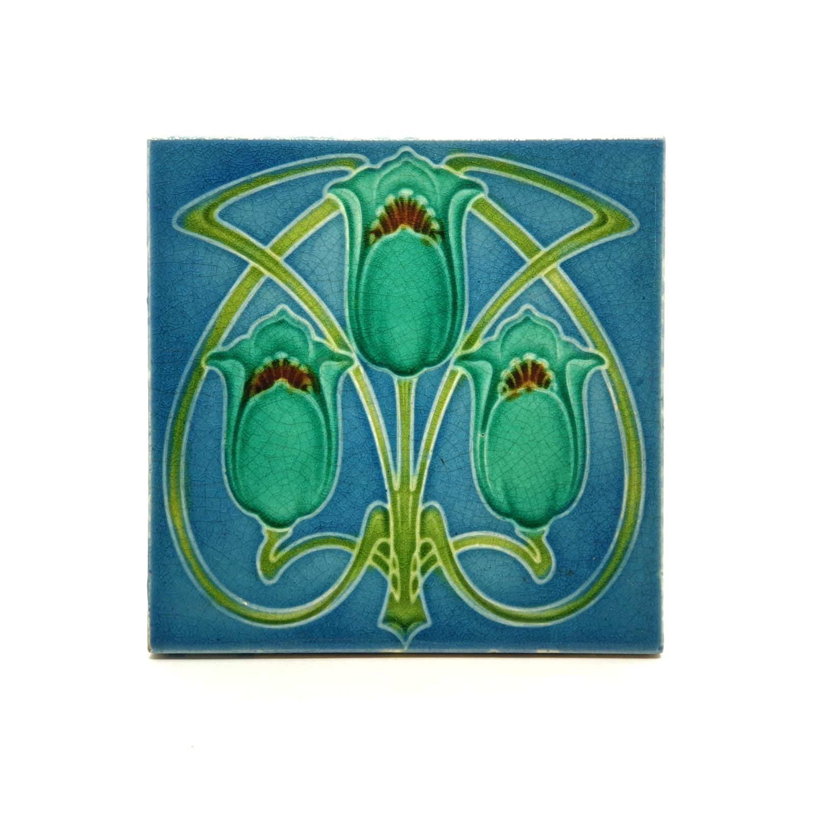 Art Nouveau Fireplace Tile Blue Triple Tulip Floral Majolica Corn Bros C1905 A10 2