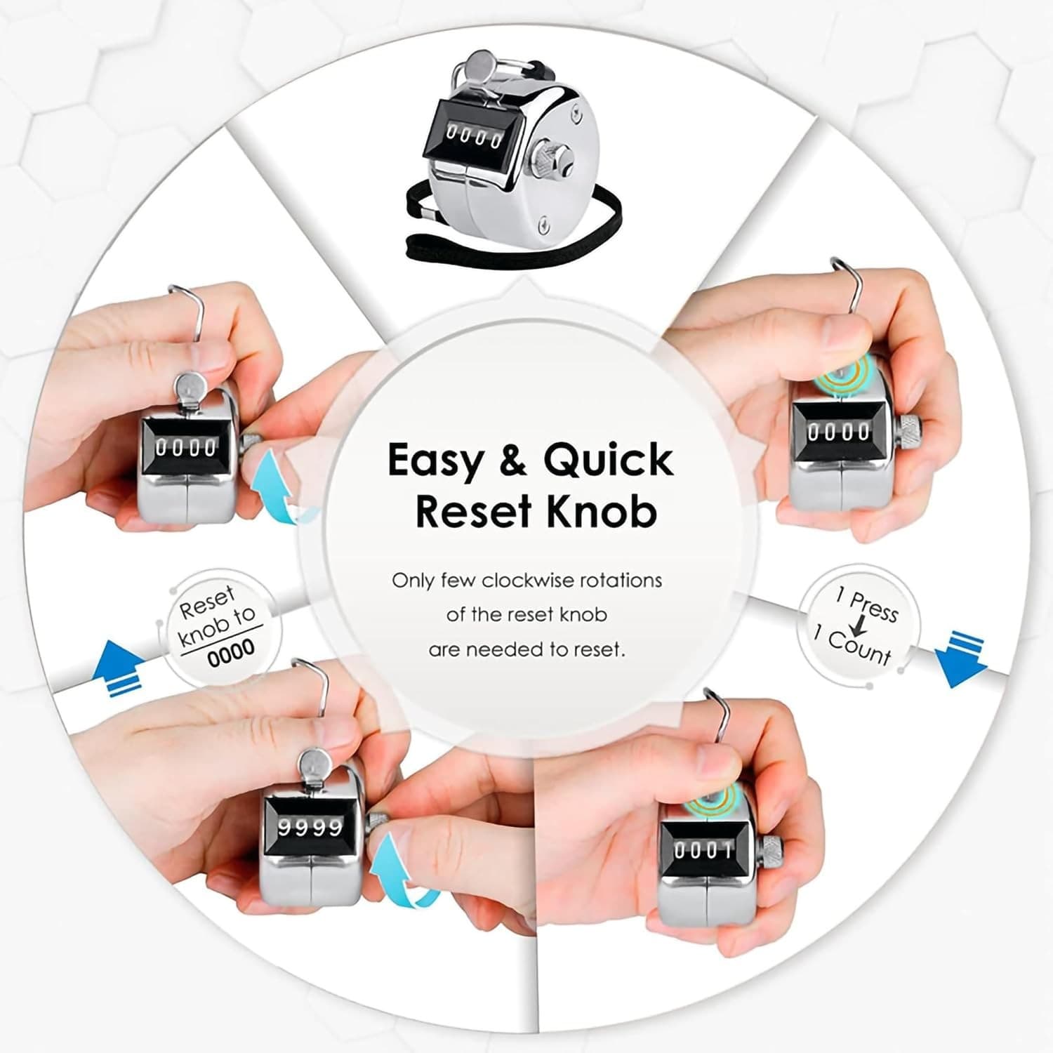 PHONEX Mechanical Hand Tally Counter – 4-Digit Manual Single Channel, Silver  5