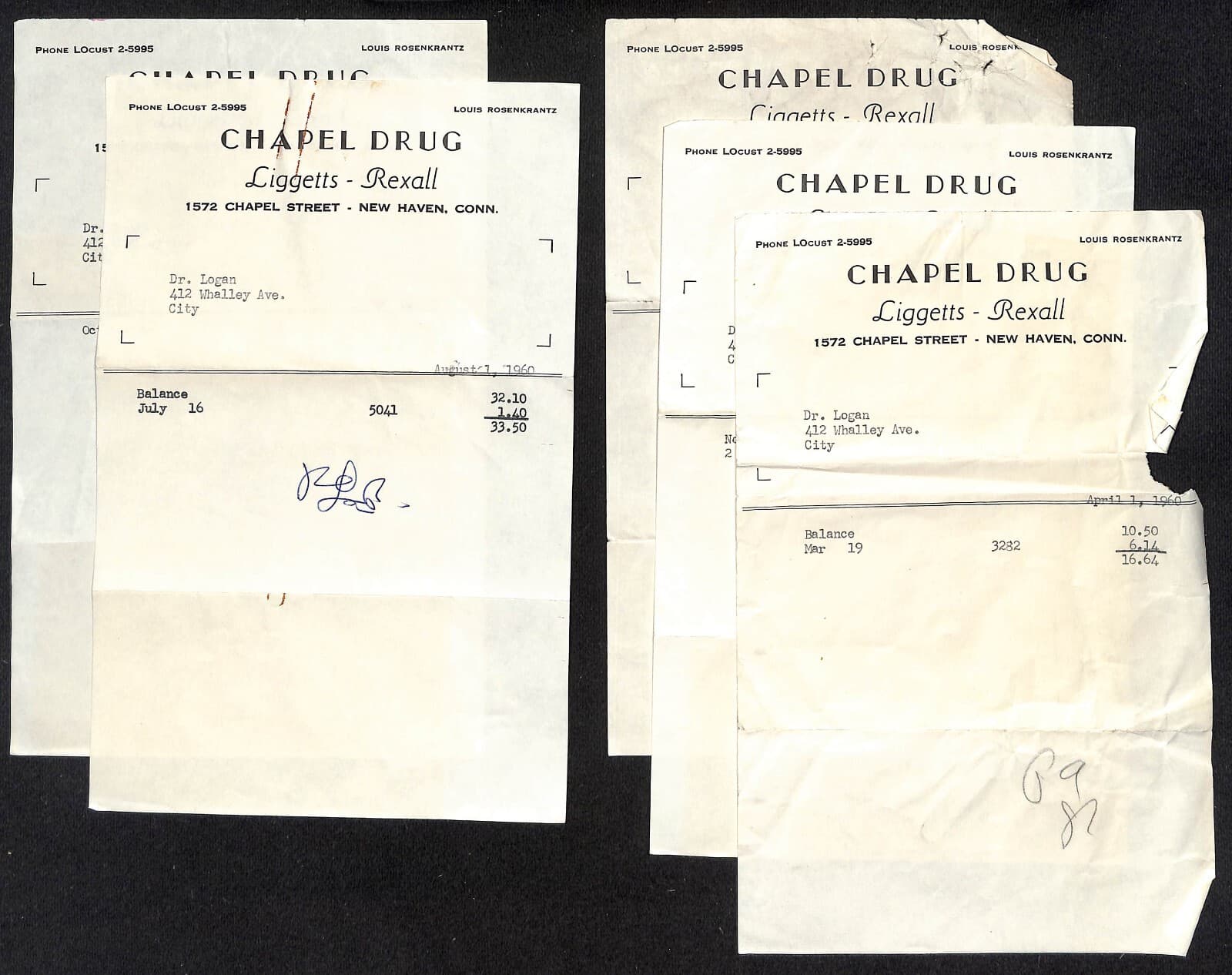Group of 16 Mostly 1960 Chapel Drug Rexall New Haven, CT Invoice Sheets Scarce 3