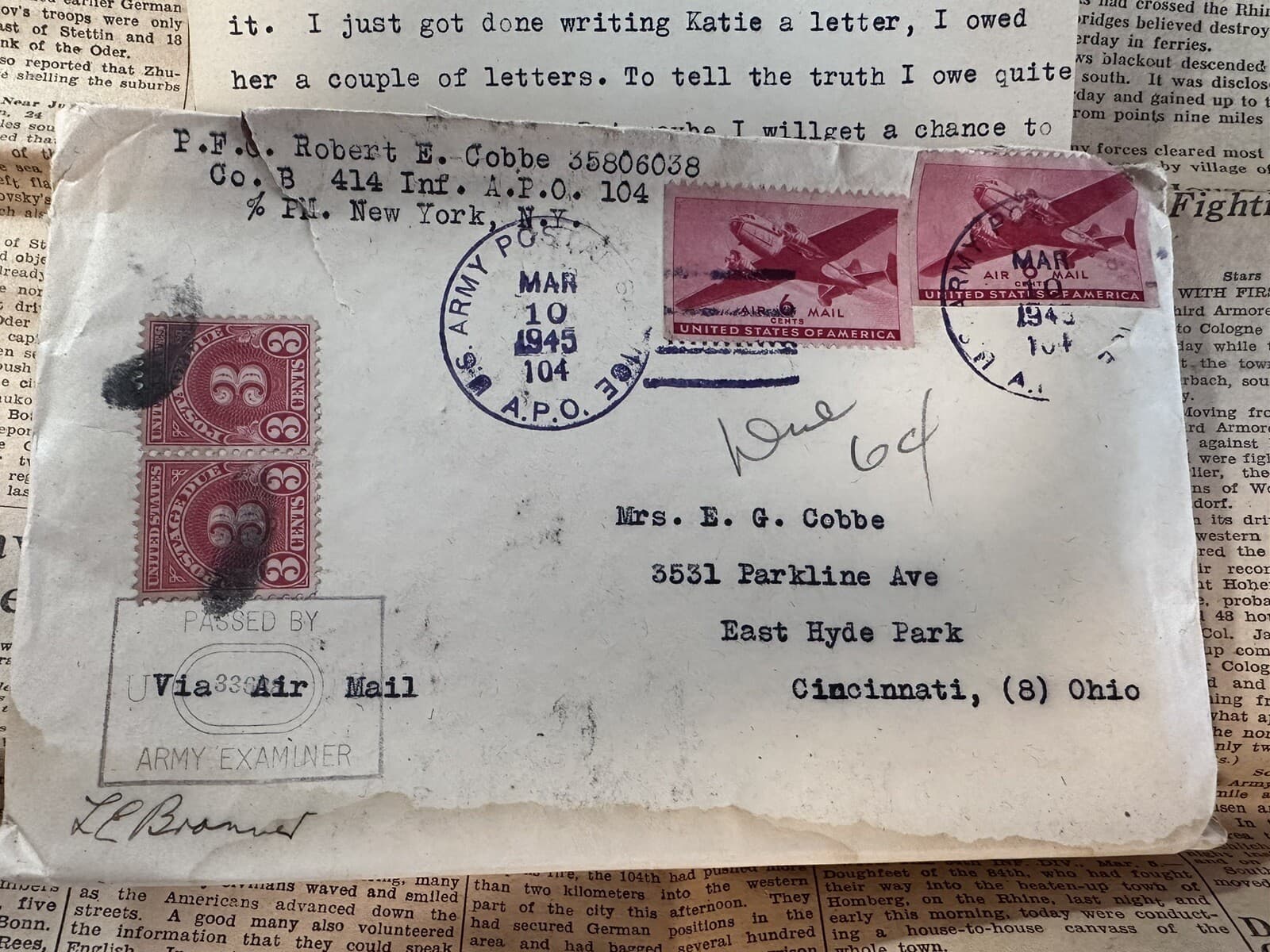 1945 WWII US Army 104th Timberwolf Infantry Division Letter Newspaper Germany 2