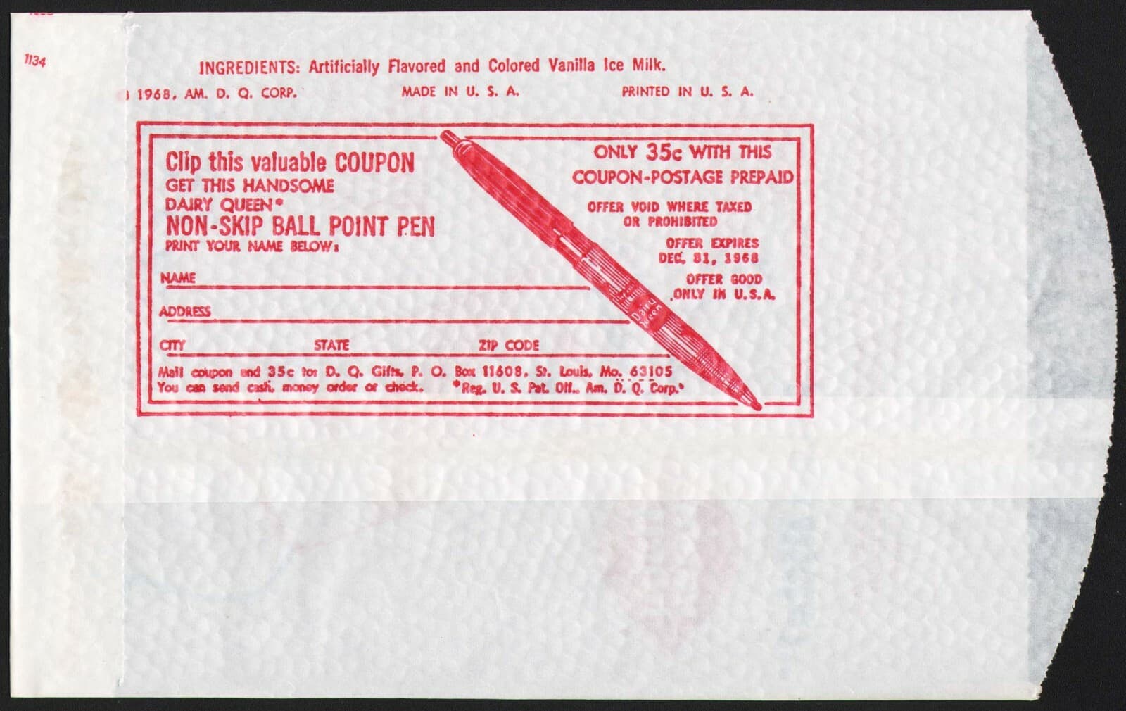 Vintage bag DAIRY QUEEN dated 1968 DQ Jet pictured with camera offer unused nrmt 2