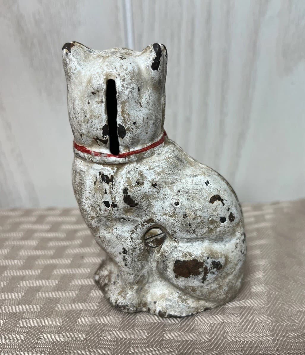Antique Hubley? Cast Iron White Cat Red Bow Glass Eyes Coin Bank Kitty Worn 4