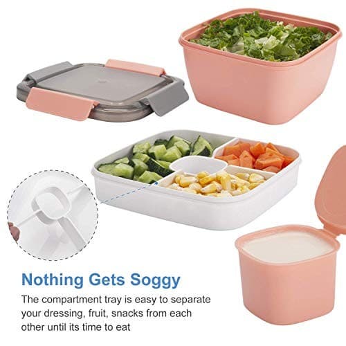  Salad Lunch Containers To Go, 2 Pack 52-oz Bowls with 3 Pink+Green 2