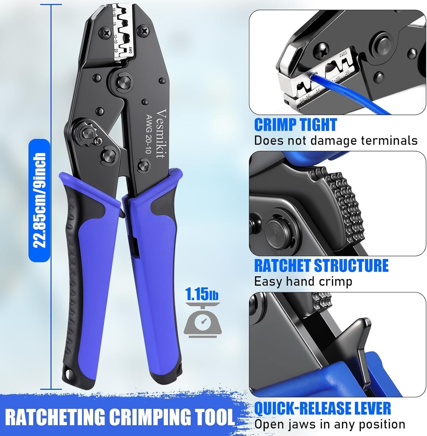 Ratchet Crimping Tool for Non-Insulated Open Barrel Terminals, AWG 20-10 2
