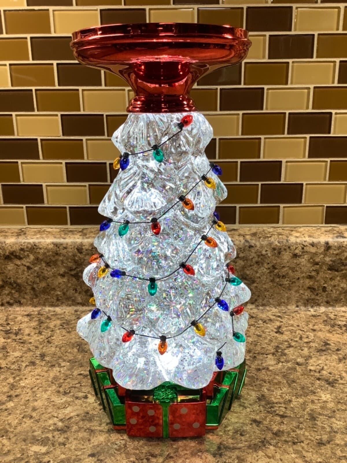 Bath & Body Works 11.25" Christmas Tree Water Globe Candle Pedestal Iridescent 2