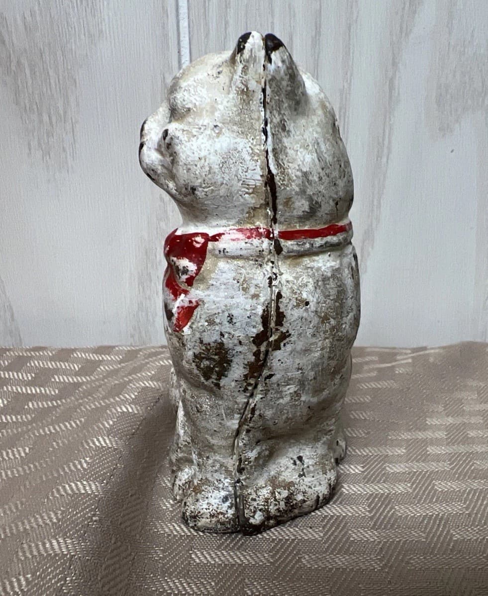 Antique Hubley? Cast Iron White Cat Red Bow Glass Eyes Coin Bank Kitty Worn 3