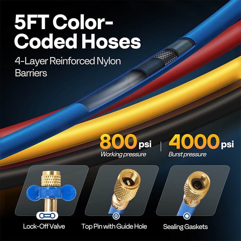 AC Manifold Gauge Set 4 Way For R134a R410a R22 R32 Refrigerat with 5ft Hoses 5