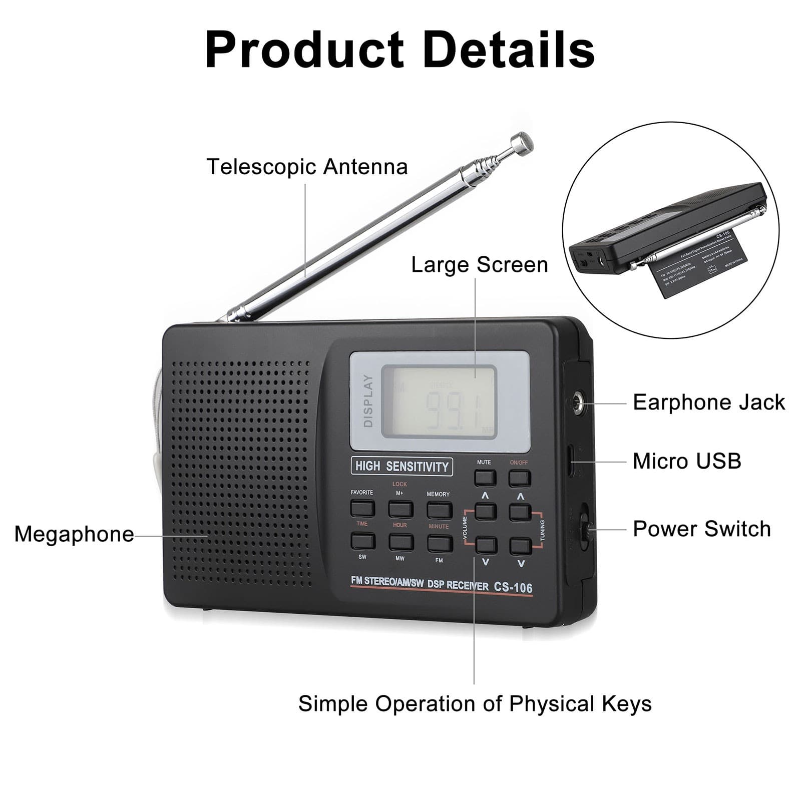 Portable Digital Full Frequency Radio AM/FM/SW/MW/LW Band Receiver w/ Headphones 5