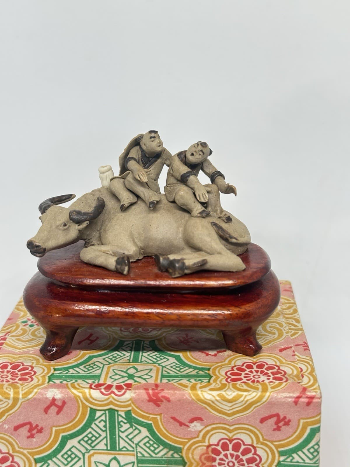 Chinese Miniature Mud Men Two Men on Ox on Base Boxed READ 2