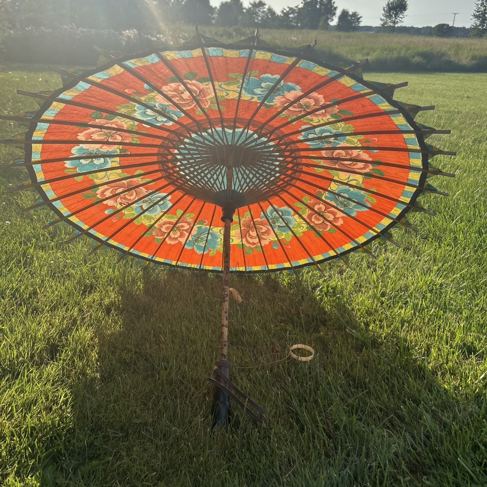 Vintage Japanese Chinese Bamboo Rice Paper Wood Umbrella Parasol 2