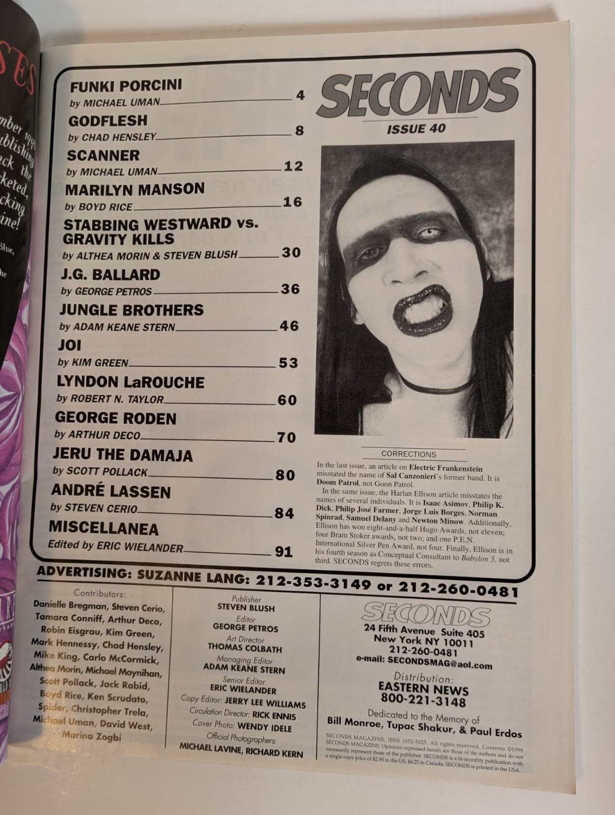 Seconds Magazine issue #40 Marilyn Manson cover w/ Godflesh, J.G. Ballard 1996 3