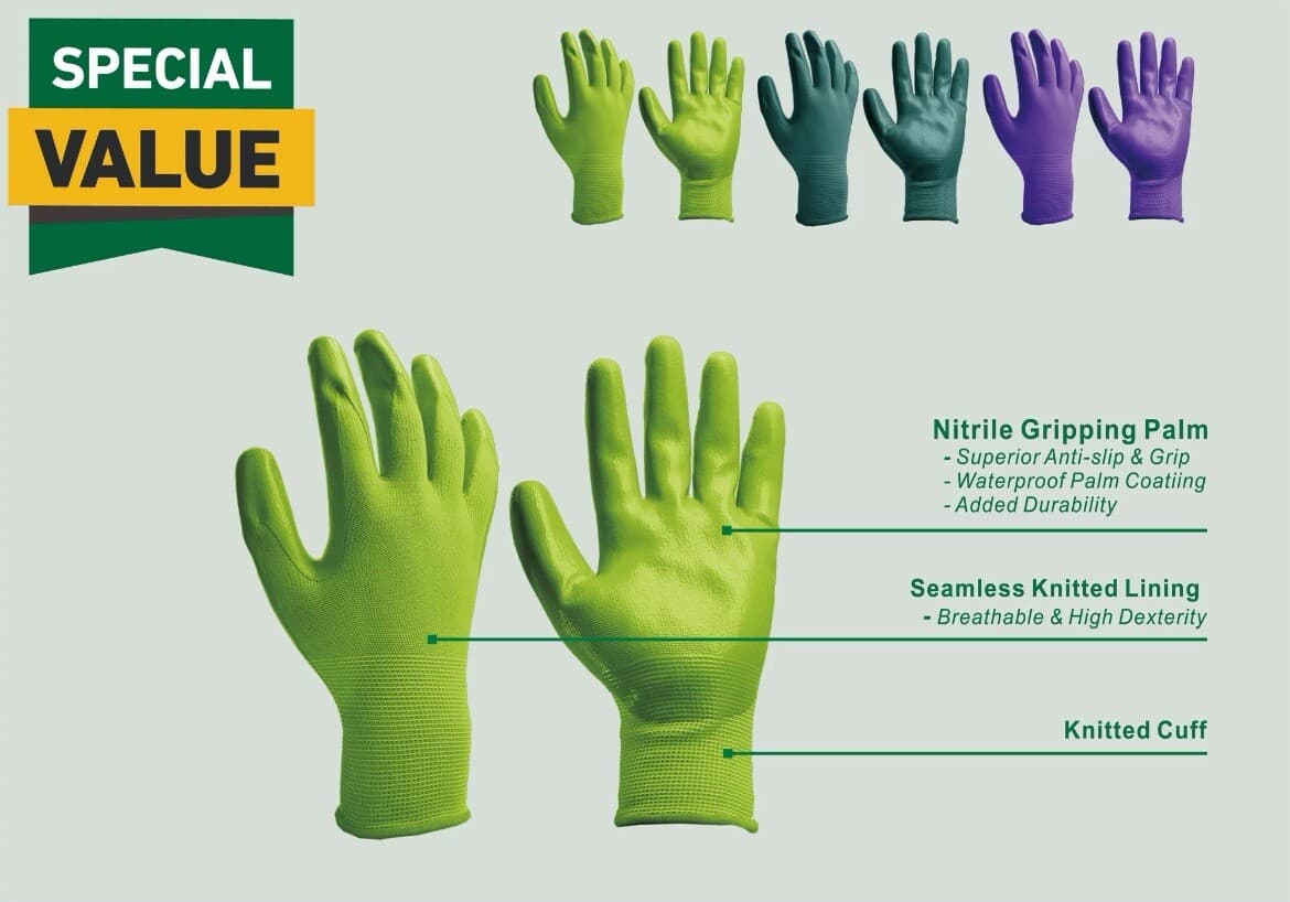 3-Pair EXPERT GARDENER Women’s Size M Gardening Nitrile Gloves Breathable 6