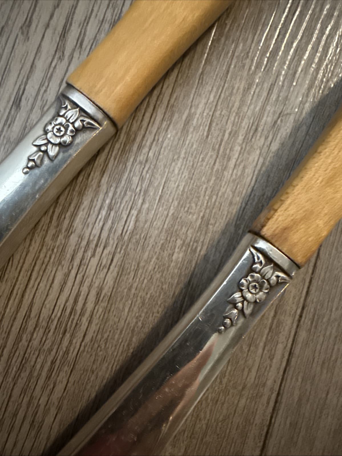 Sterling Handled Two Piece Salad Serving Spoon & Wood Fork Vintage Serve Ware 4