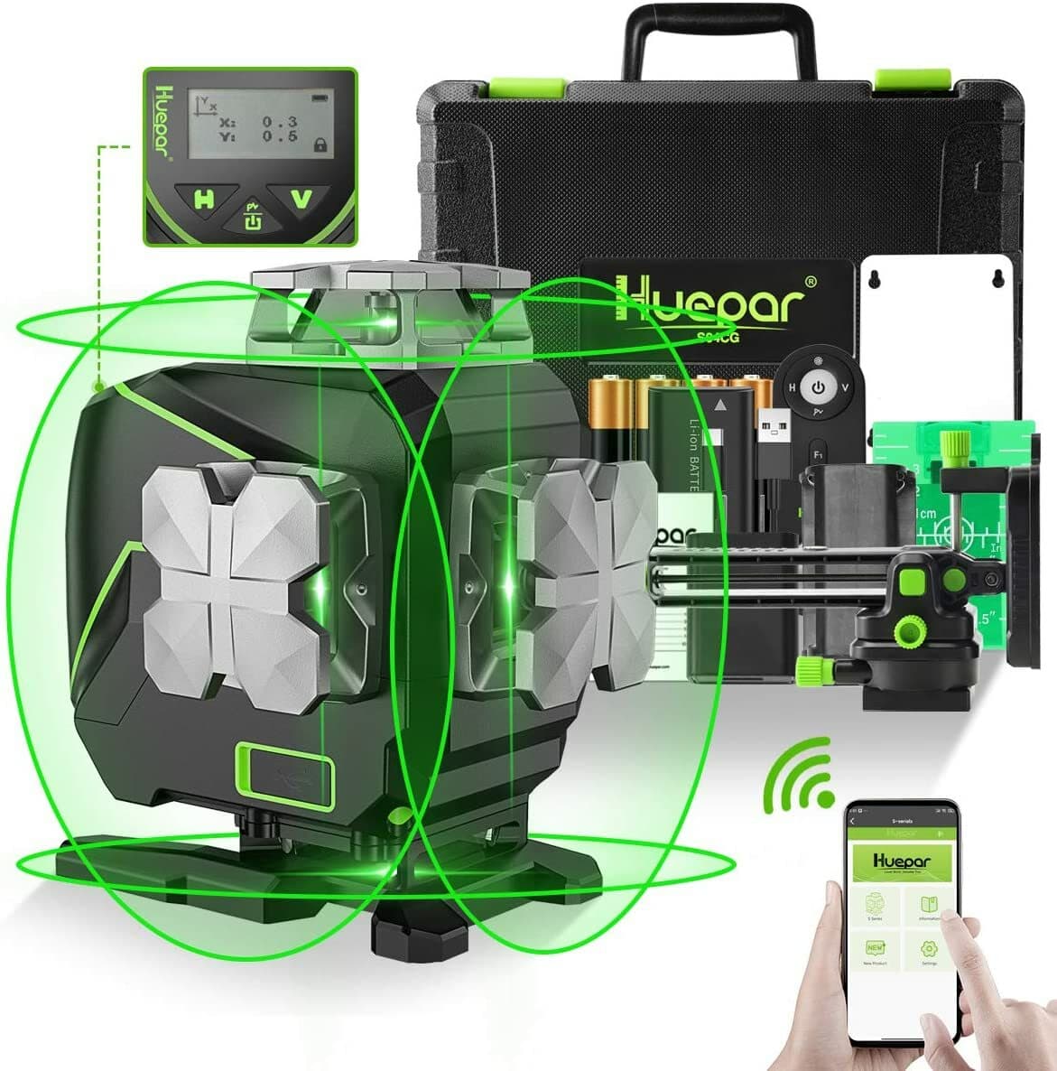 Huepar 4D Cross Line Laser Level Bluetooth & LCD Remote Control With Hard Case