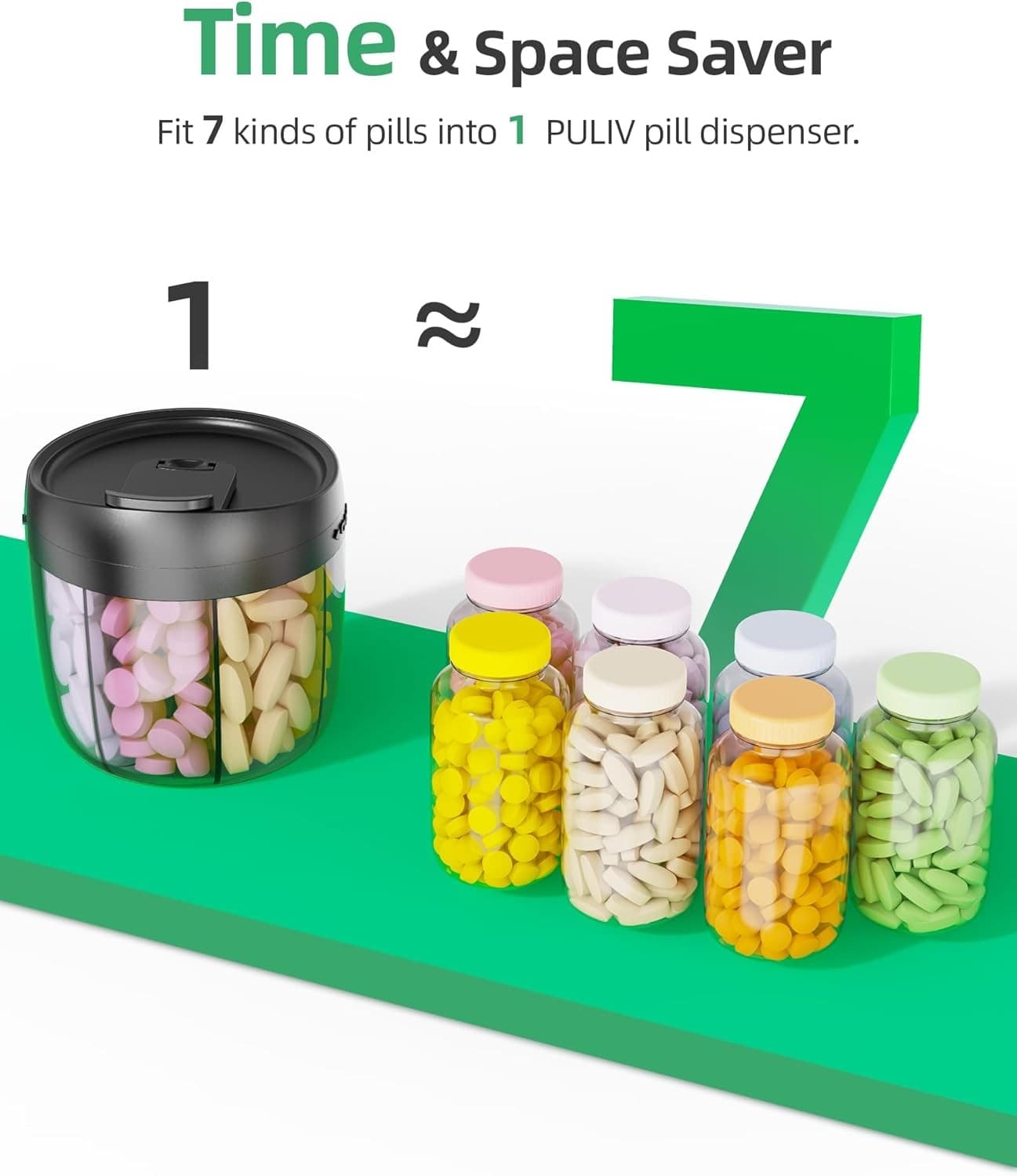 PULIV Portable Pill Dispenser Bottle, Vitamin Organizer with 7 Black  6