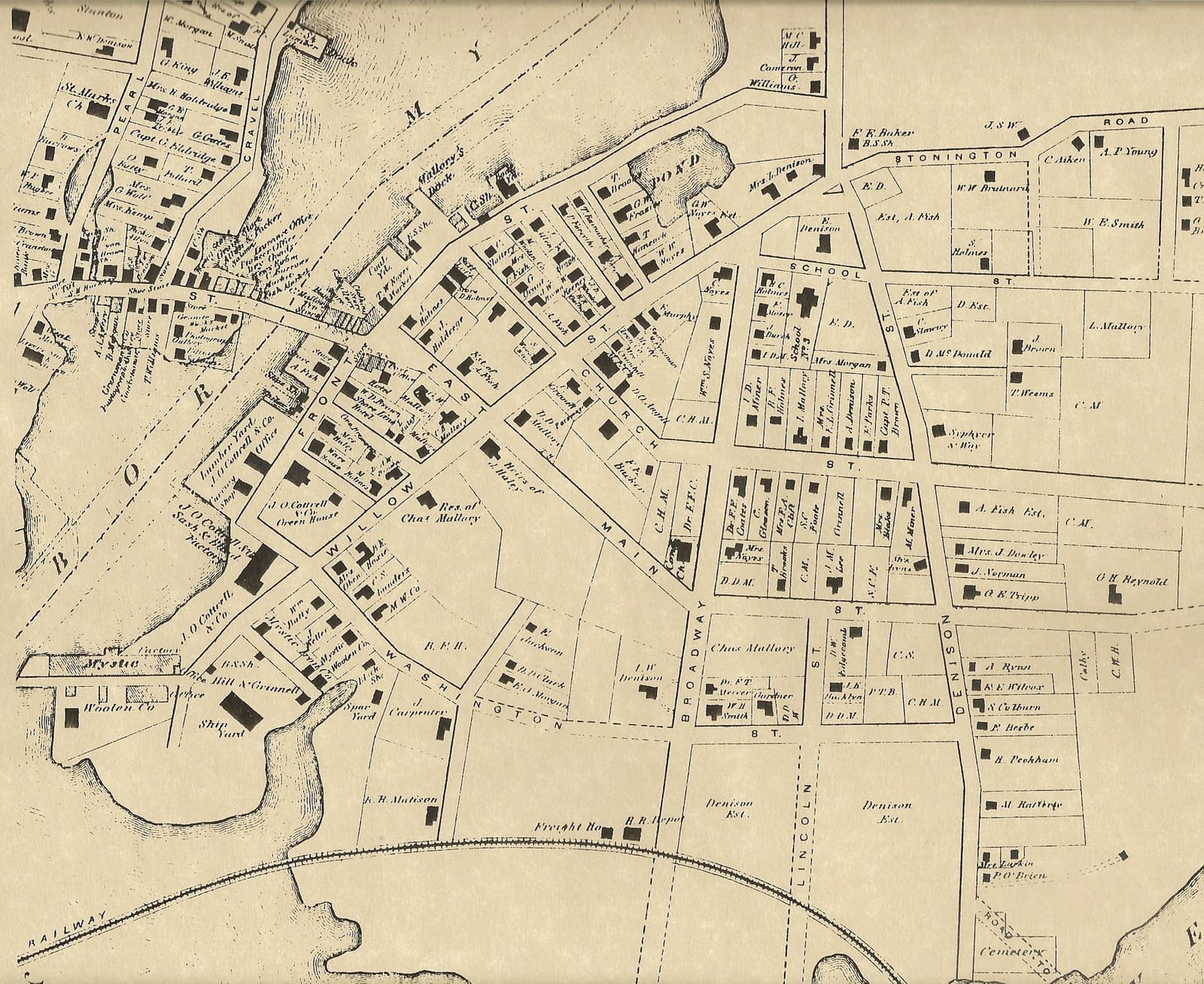 West Mystic Bridge Mystic Seaport CT 1869 Maps with Homeowners Names Shown