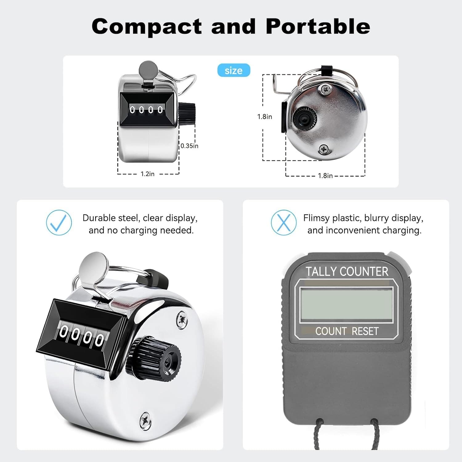 Clicker Counter, Metal Hand Tally Counter with 4 Digit Silver  4