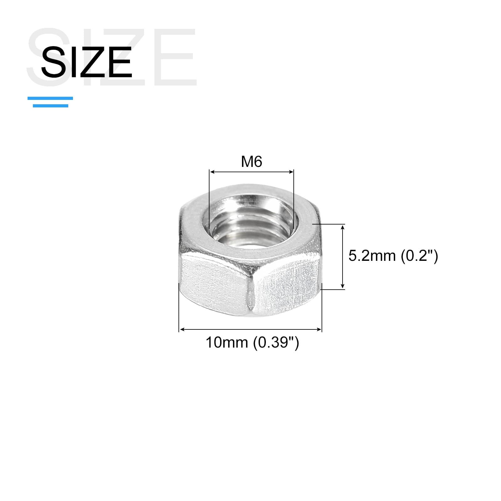 Hex Nuts (M6x1mm) 100Pcs 304  Steel Metric Coarse Thread Nut Silver 2