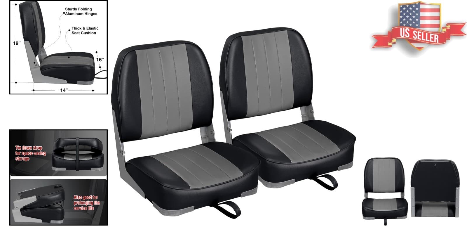 Pair of Folding Boat Seats - Marine-Grade Vinyl Upholstery - Ergonomic Design 2