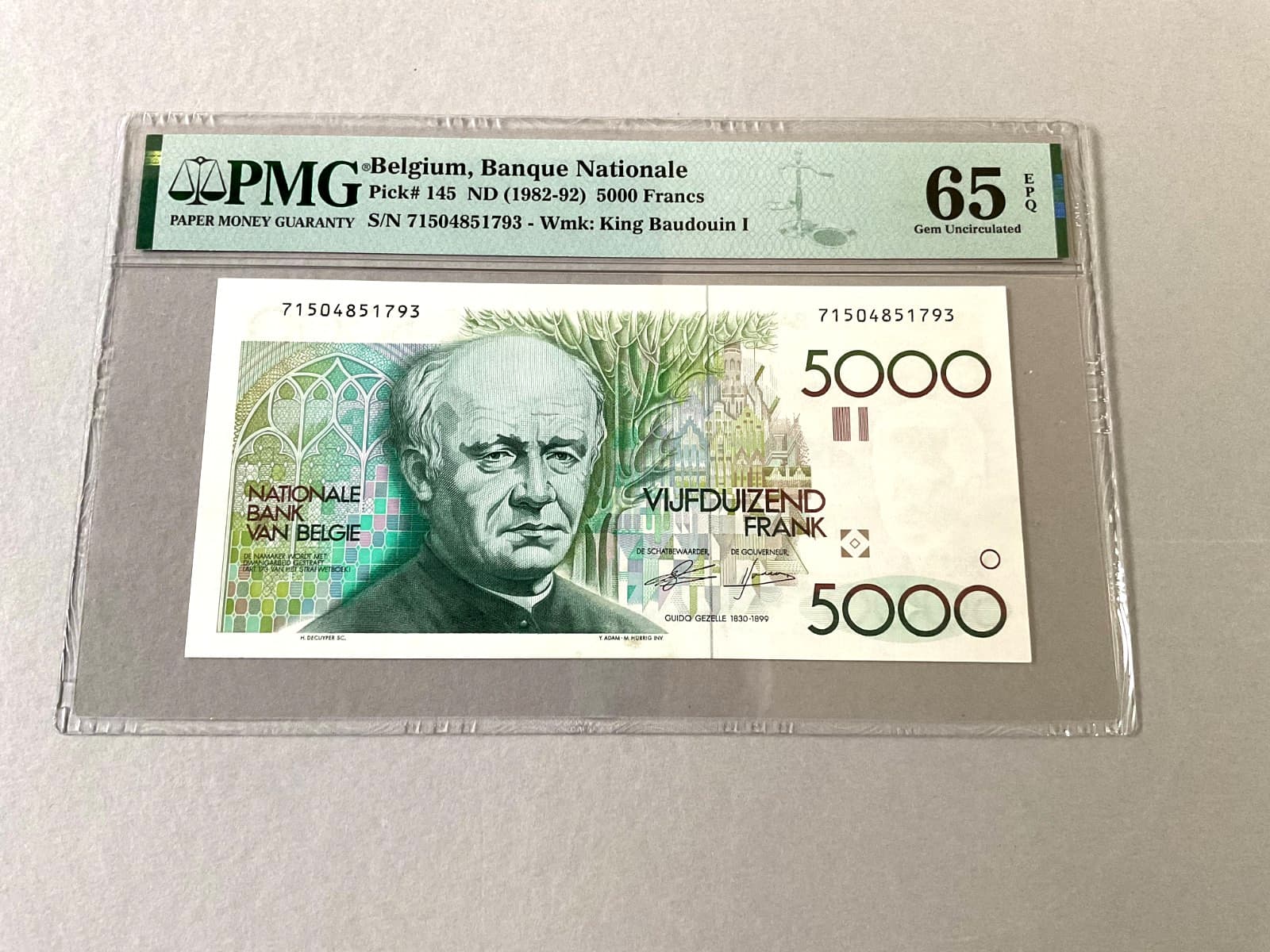 Belgium 5,000 Francs P-145 ND (1982-92)  PMG 65 EPQ