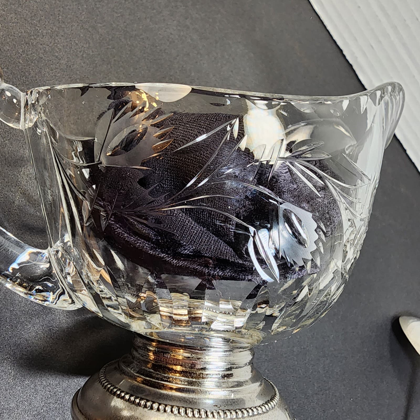 Vintage Frank M. Whiting Etched Glass Gravy Boat Sauce Dish Sterling Silver Base 6