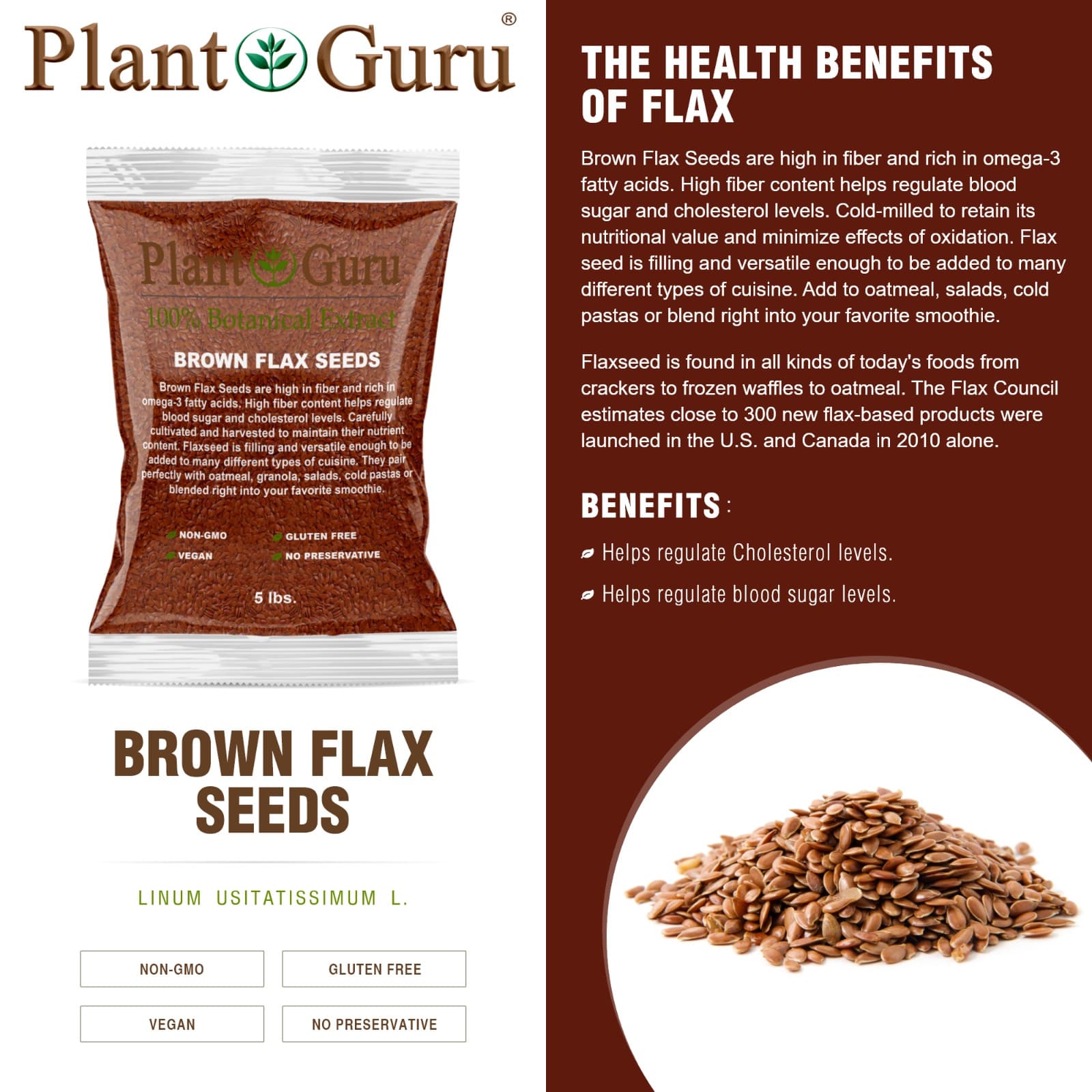 Brown Flax Seeds Whole 5 lbs. Bulk Omega-3 NON GMO 100% Pure Linseed Flaxseed 2