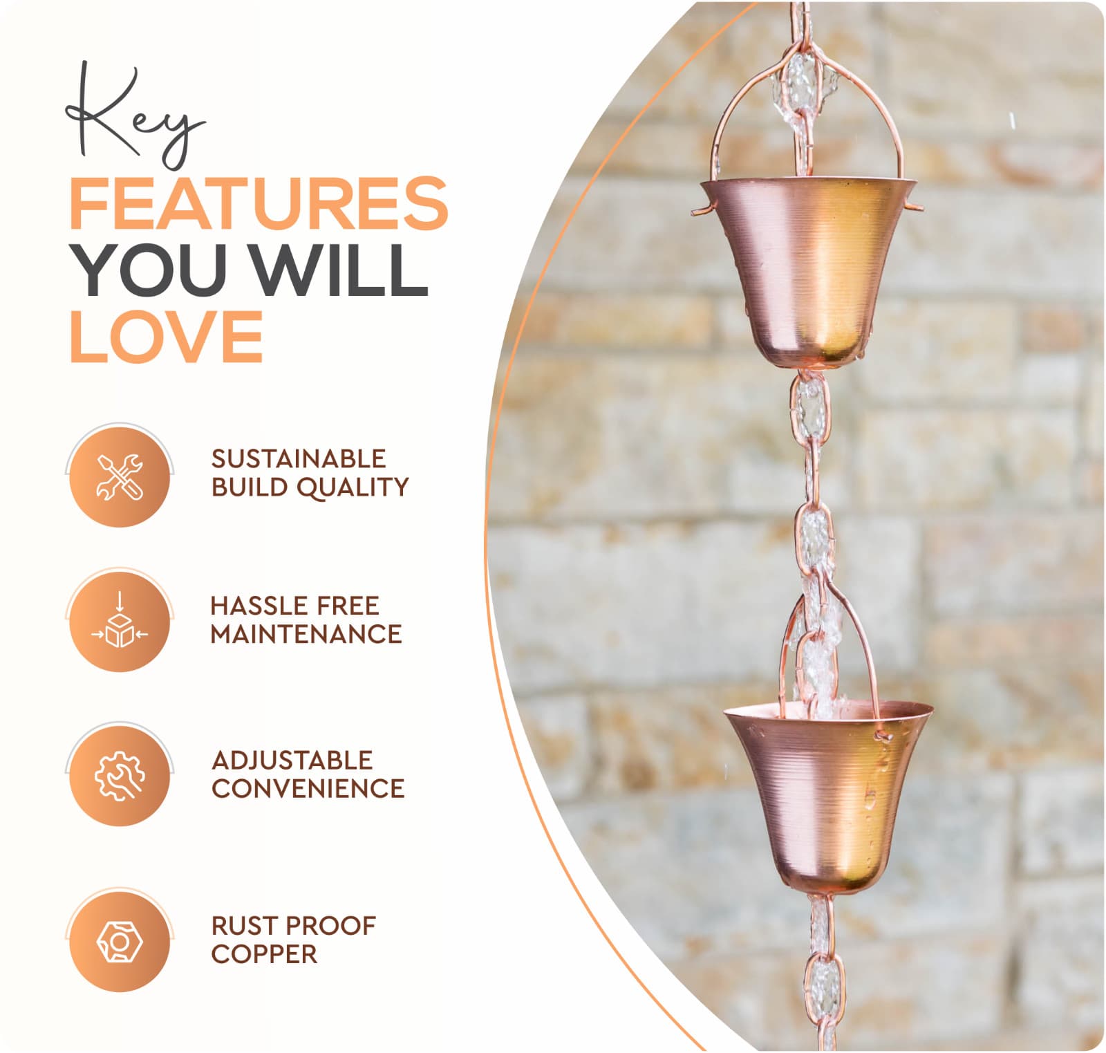 Marrgon Copper Water Chain with Bell Shaped Cups – Durable & Thick Rain Chain 3
