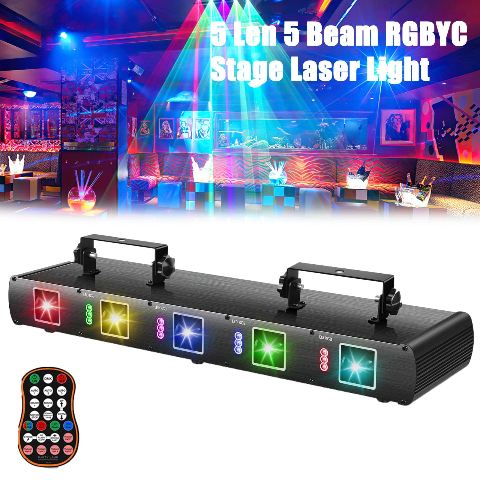 5 Lens Laser + LED RGB Stage Light RGBYC Beam Lighting with Remote Control DMX