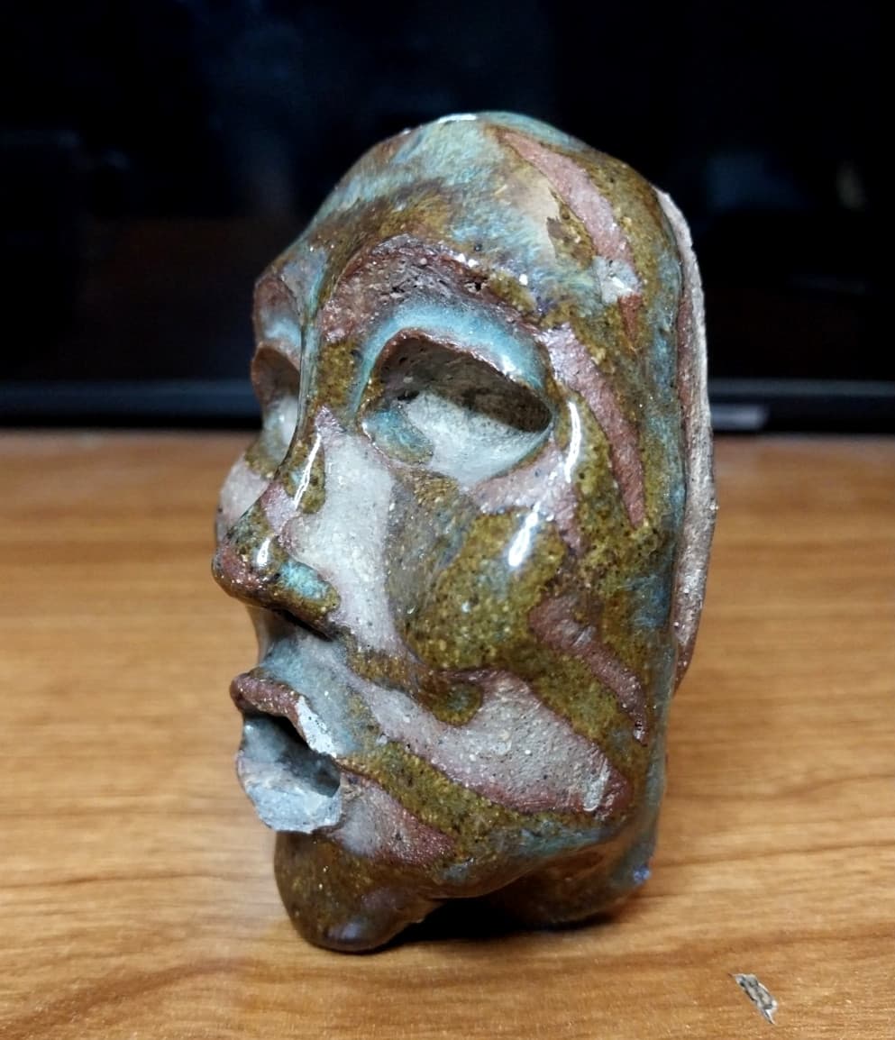 Heavy 3.5" Brutalist Ceramic Face Mask Sculpture Miniature Glazed Excellent!!! 3