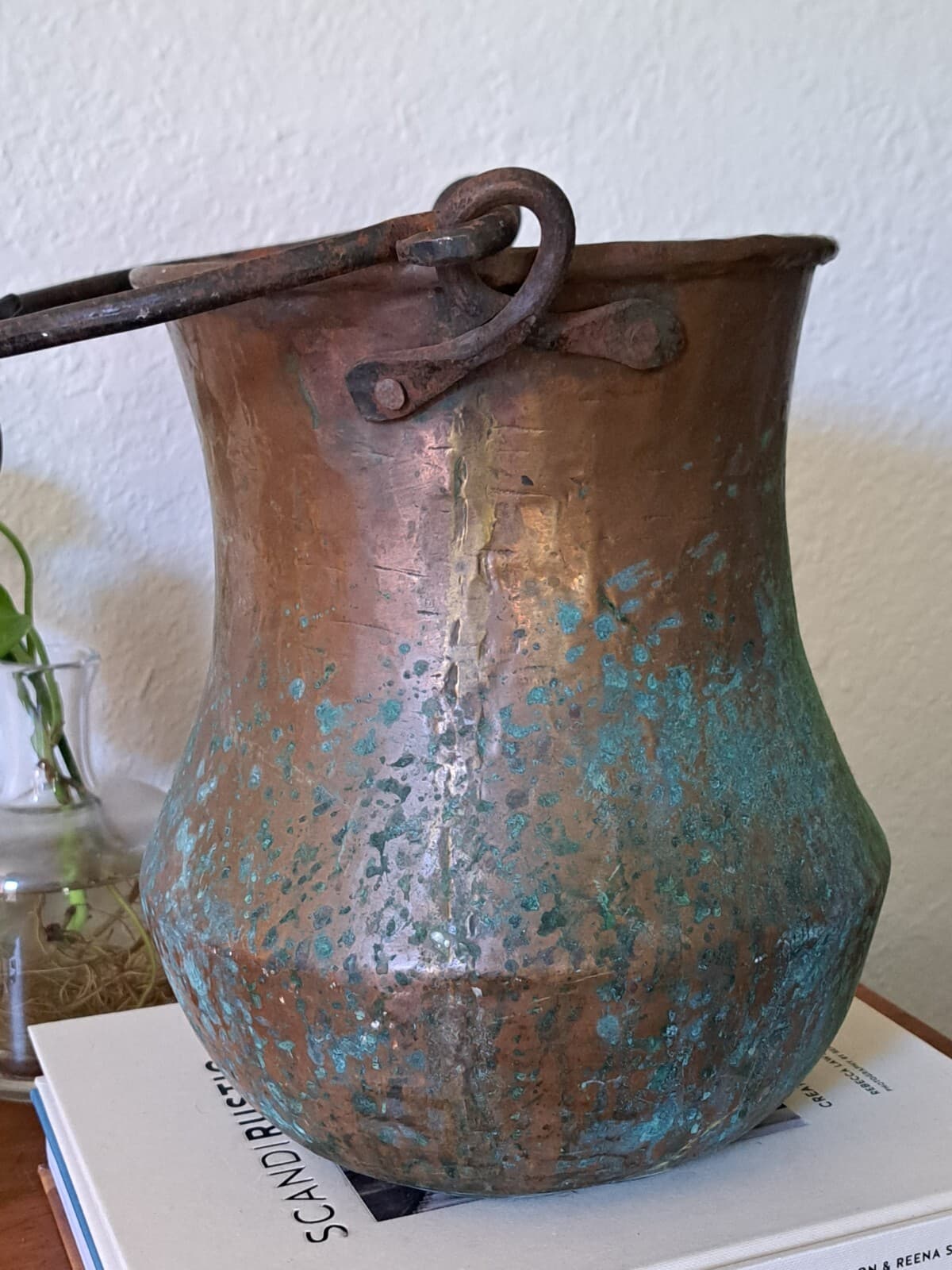 Antique Primitive Hammered Copper Hanging Pot Large Patina RARE 10" 5