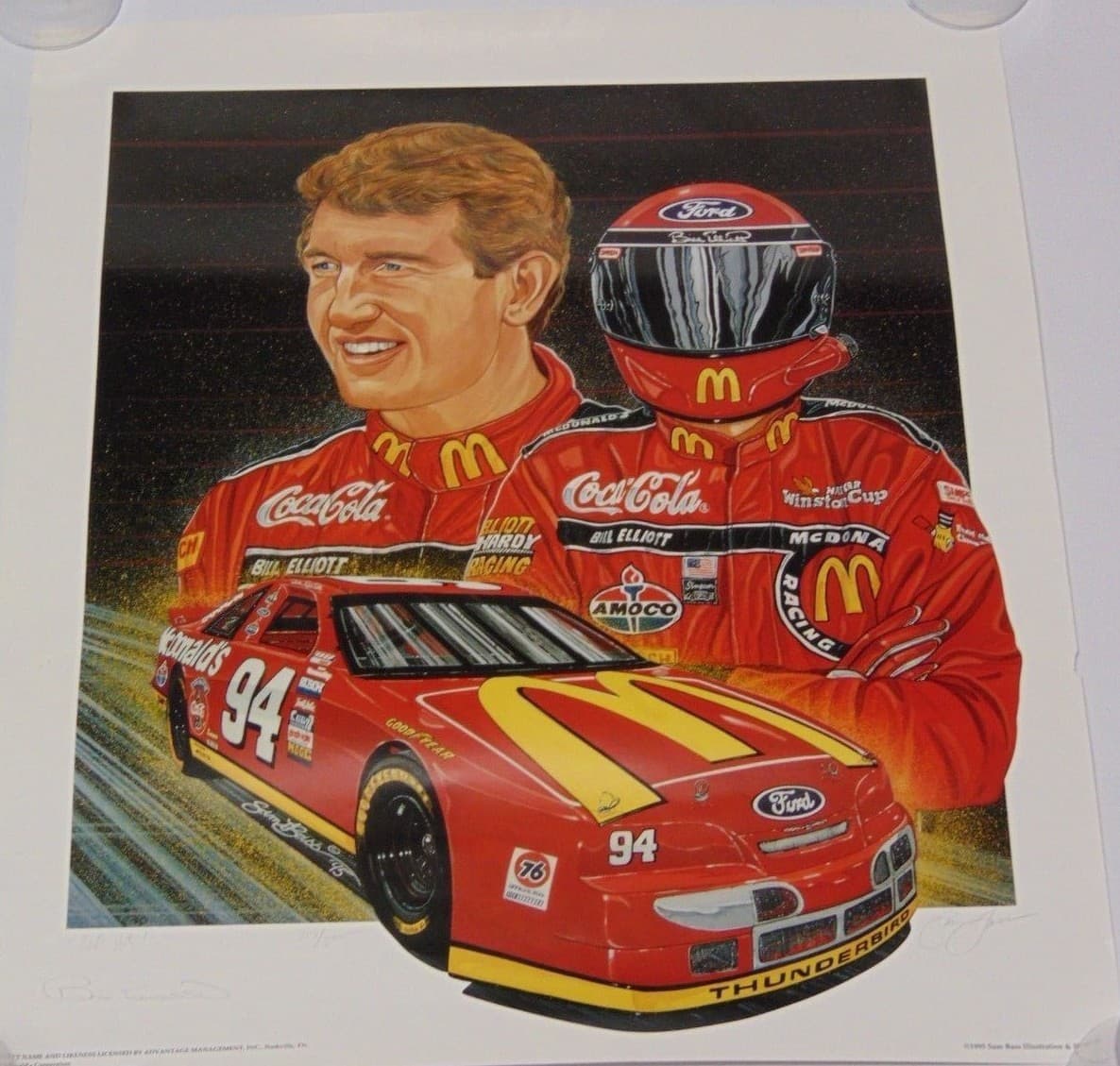 1995 BILL ELLIOTT SAM BASS SIGNED AUTOGRAPHED NASCAR POSTER PRINT COA MCDONALDS