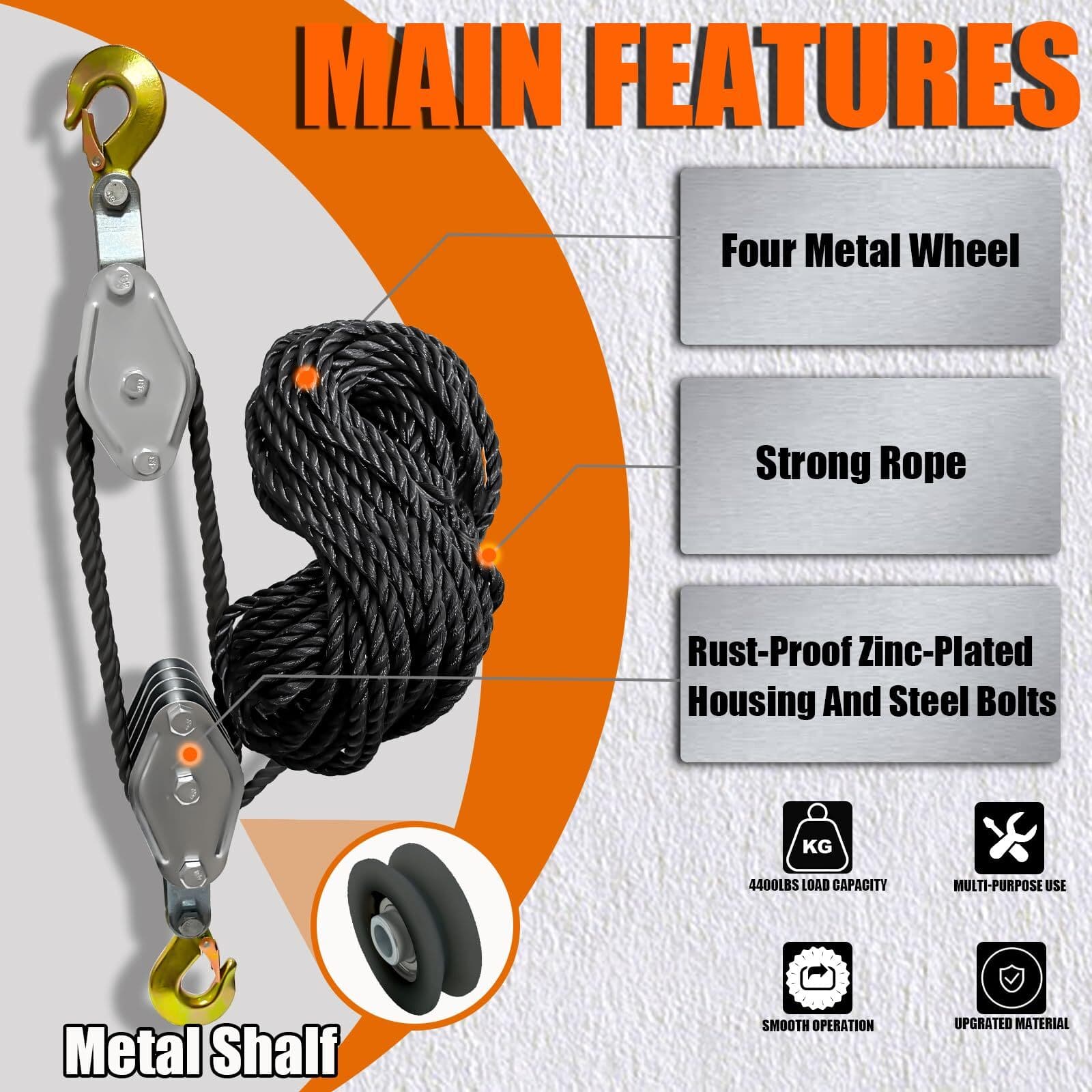 Rope Pulley Hoist 4400 LB, 8:1 Lifting Power Pulley Block and Tackle System 6