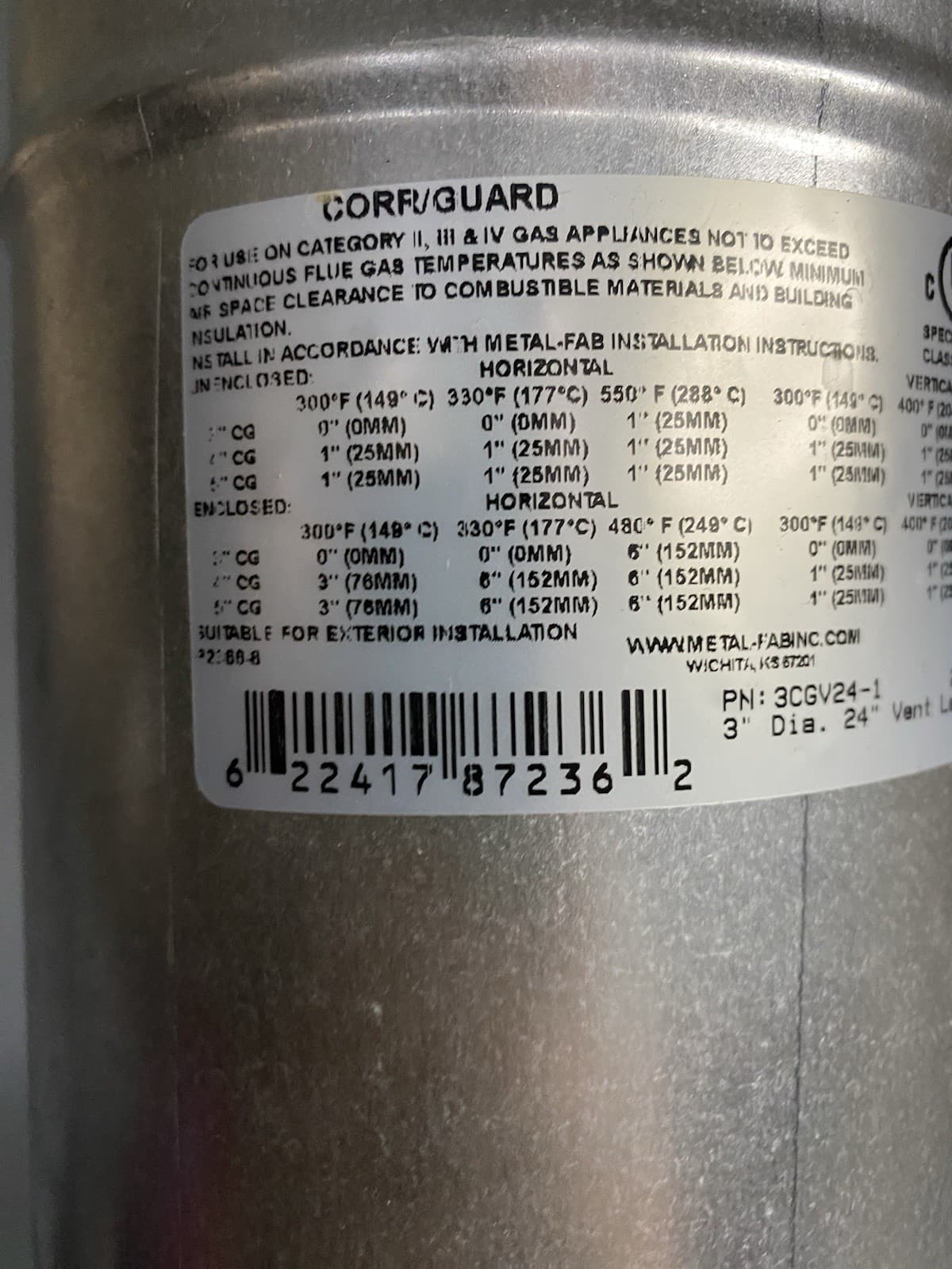 Corr Guard 24” Double-Wall Metal Water Heater Gas Vent Pipe 3" Diameter 3CGV24-1 2