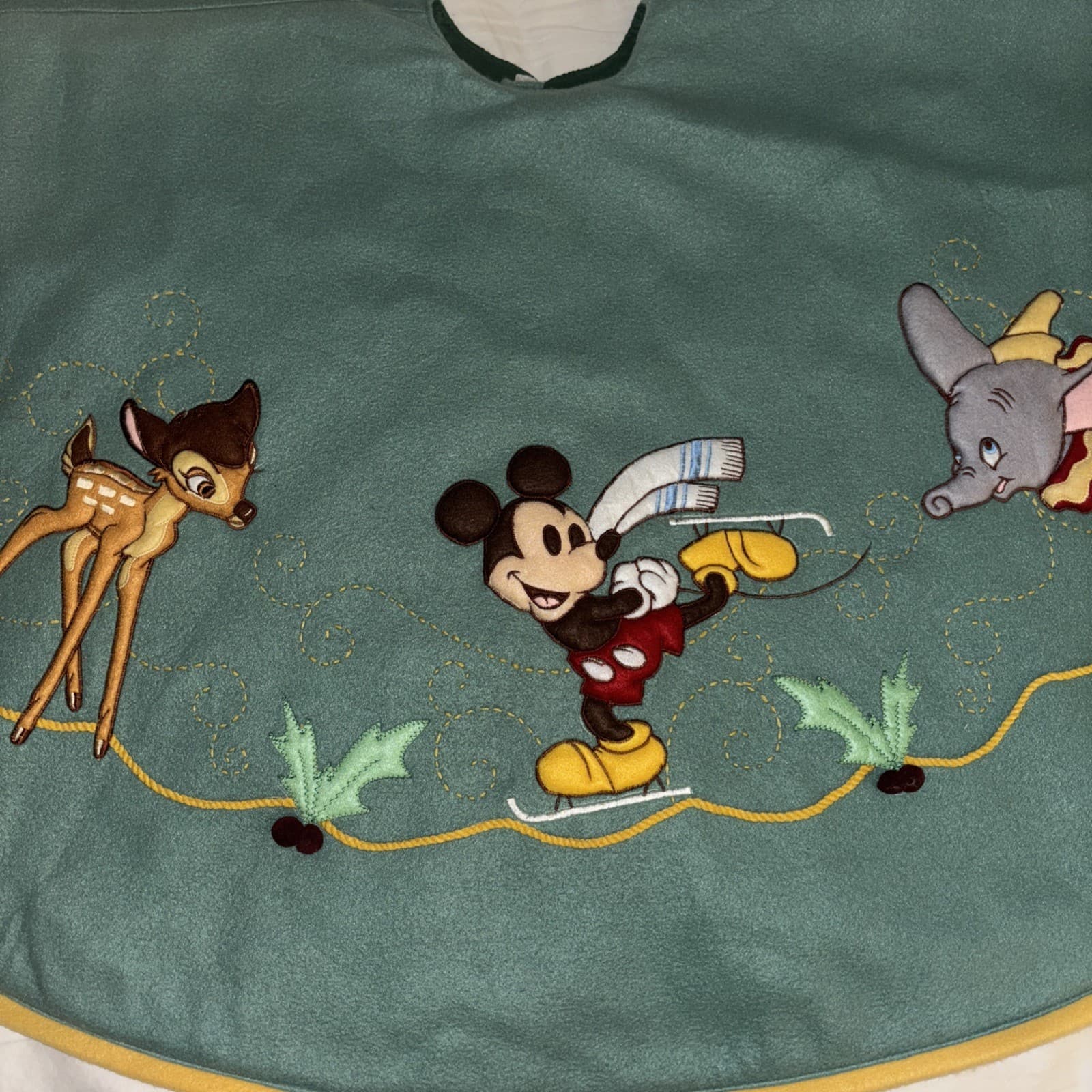Disney Christmas Tree Skirt Embroidered Mickey Dumbo Bambi Cheshire Cat Green