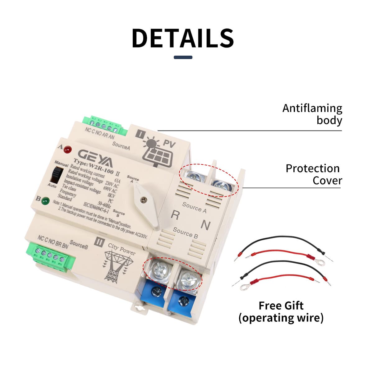 GEYA Solar Inverter Dual Power Automatic Transfer Switch 2P 63A 110V PV To Grid 4