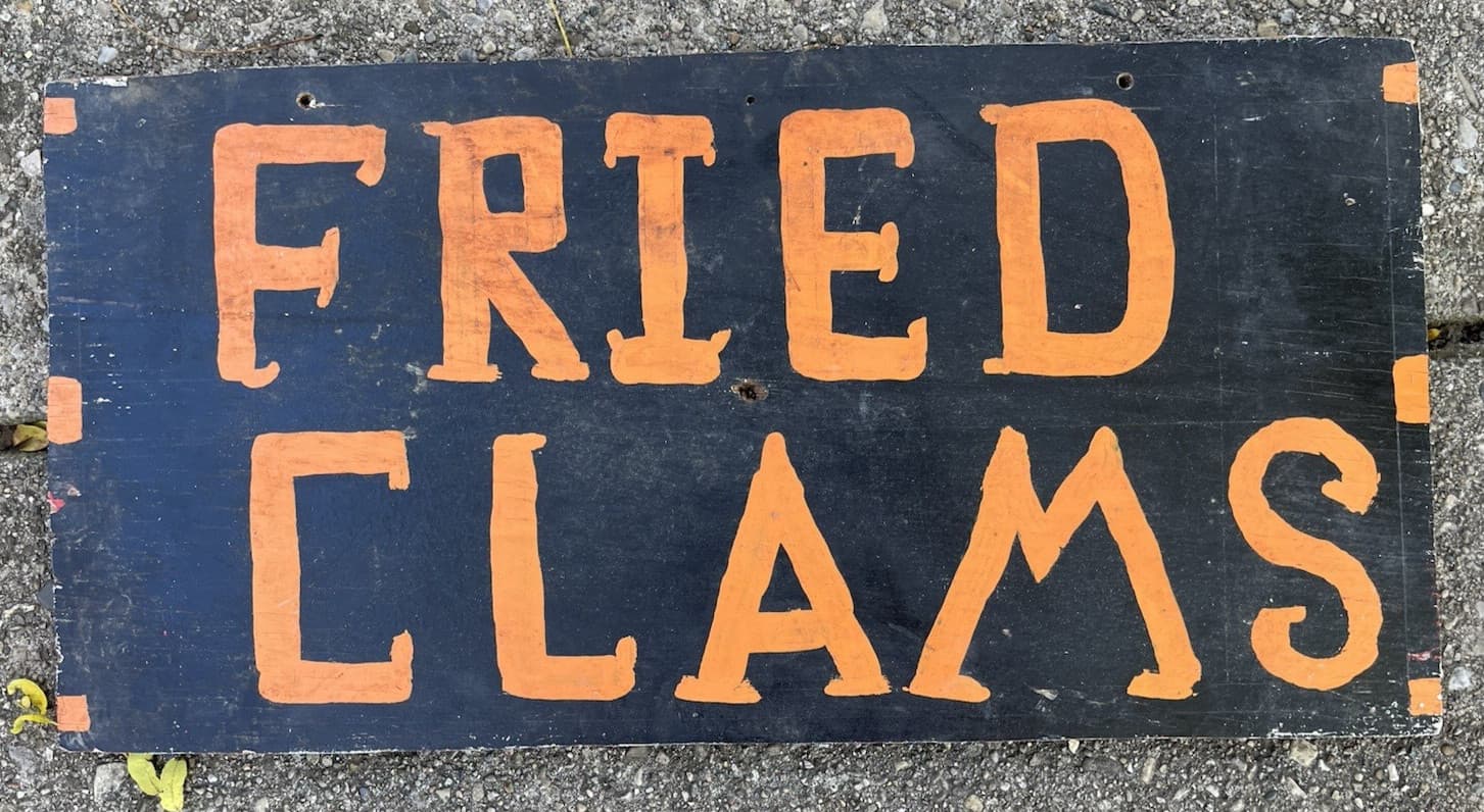 Antique Wood Fried Clams Sign 1960s Maine NH Seafood Shack Vernacular Folk Art