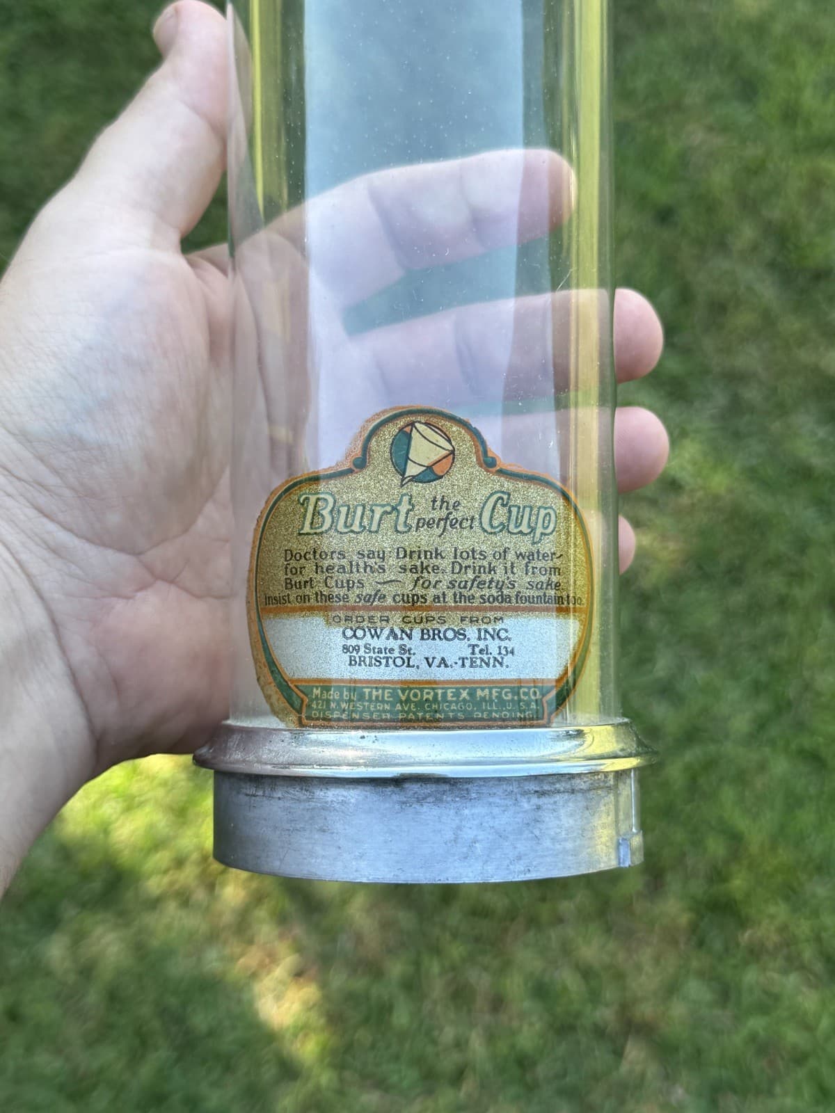 Antique Original The Vortex Mfg co Cups Glass Dispenser Cowan Bros Bristol VA   2