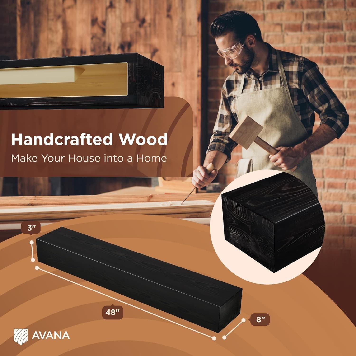 Handcrafted Fireplace Mantle - Natural Wood - Mounted, 48 X 8 X 3 Inch - Espr... 3