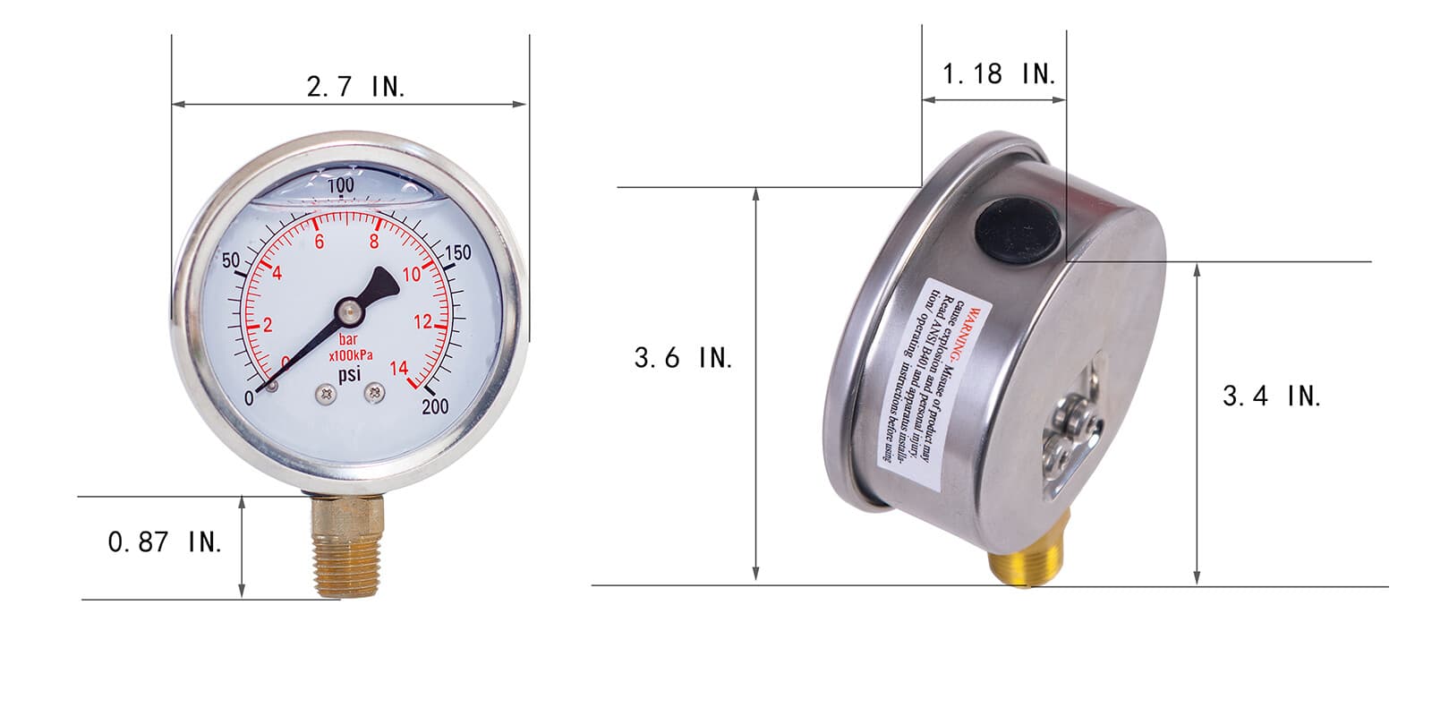 Pressure Gauge,Glycerin Filled,2-1/2" Dia,0-200 psi,1/4 NPT lower mount 3