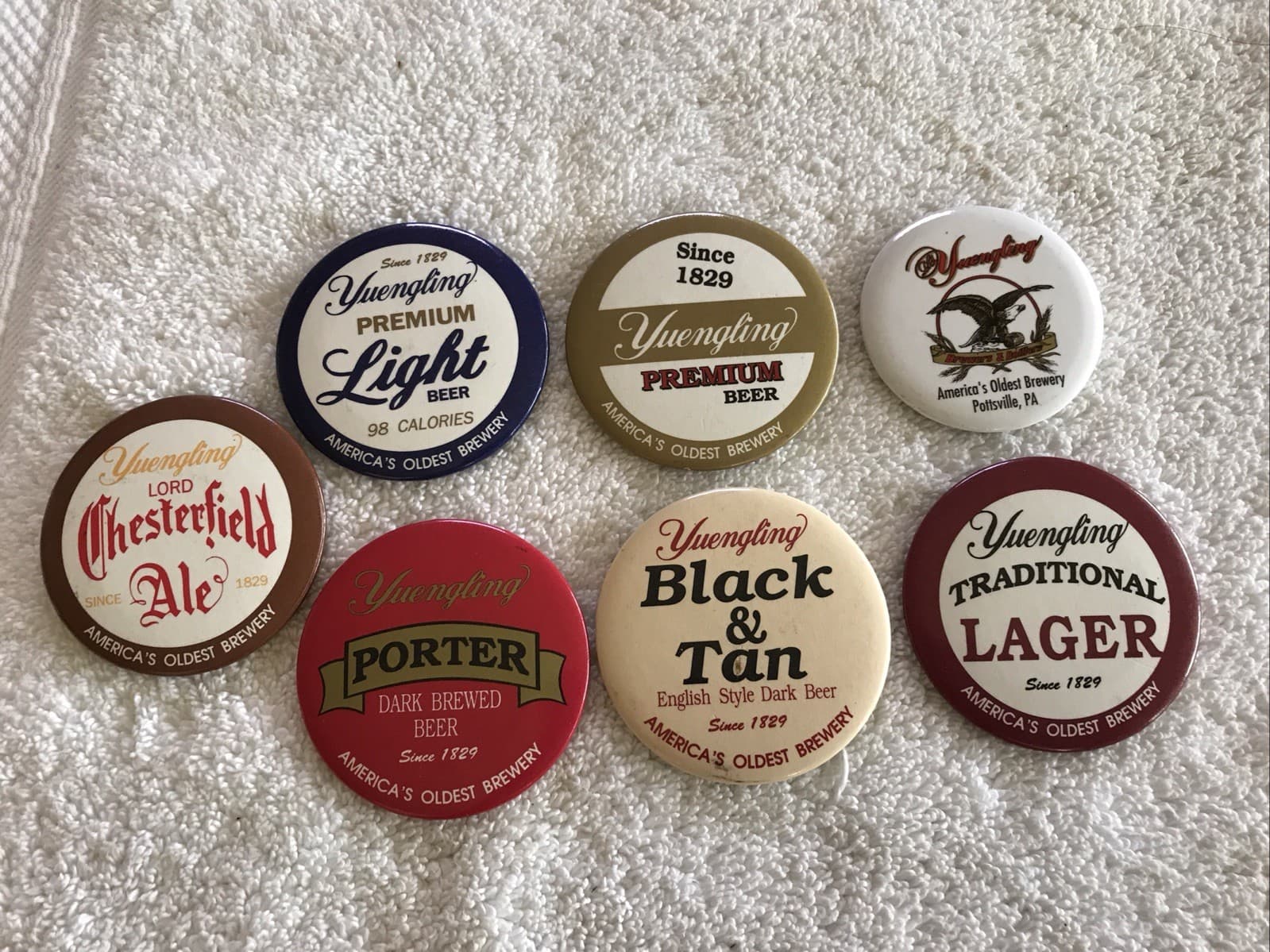 7 YUENGLING BEER DIFFERENT PINBACK BUTTONS, POTTSVILLE, PENNSYLVANIA