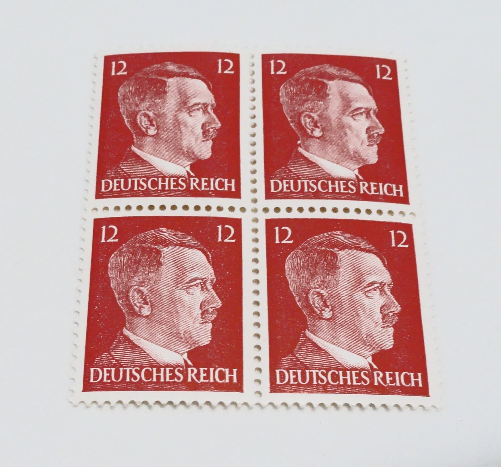 Block of Four World War 2 WW2 German 12P RARE Red HITLER HEAD Stamps