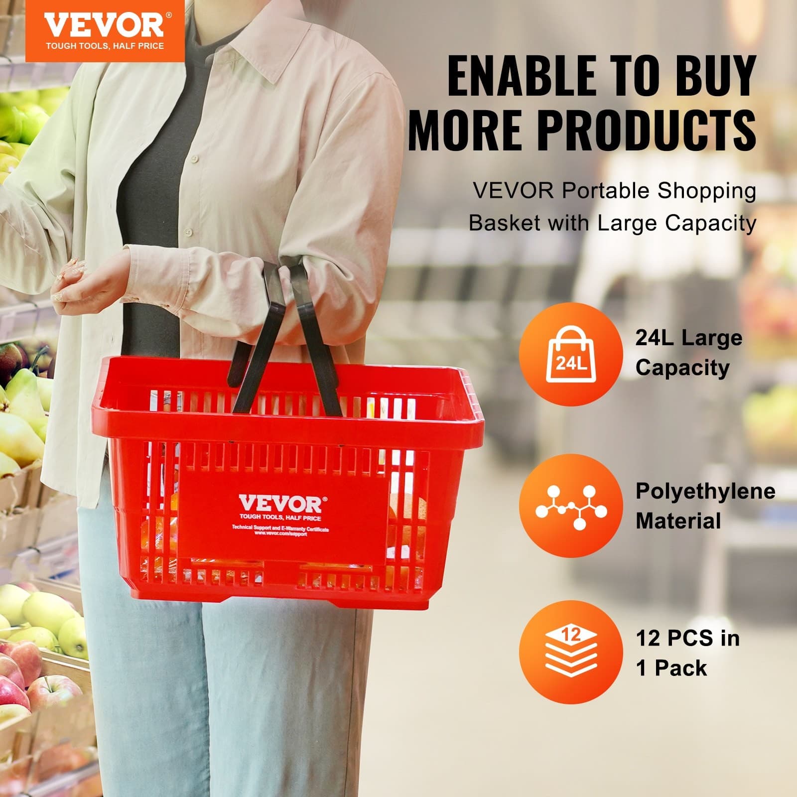 VEVOR Shopping Basket,Set of 12,24L Durable Plastic Grocery Basket with Handle a